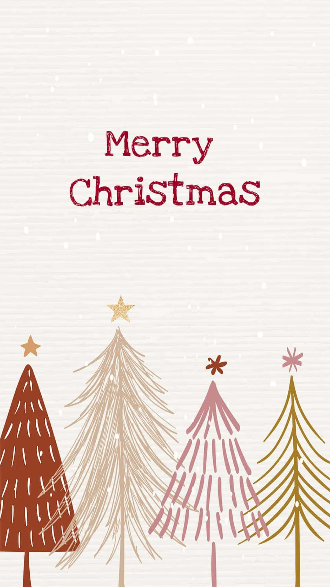  壁紙 — 四棵風格化的聖誕樹以溫暖色調矗立在飄雪下，上方有「Merry Christmas」文字。