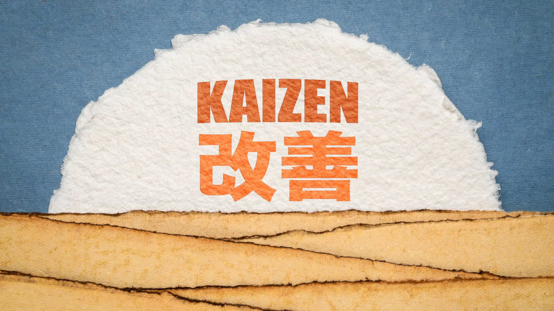  壁紙 — 撕破的紙張在藍色布料和棕色紙層上顯露出橙色的「KAIZEN」和日文字元。
