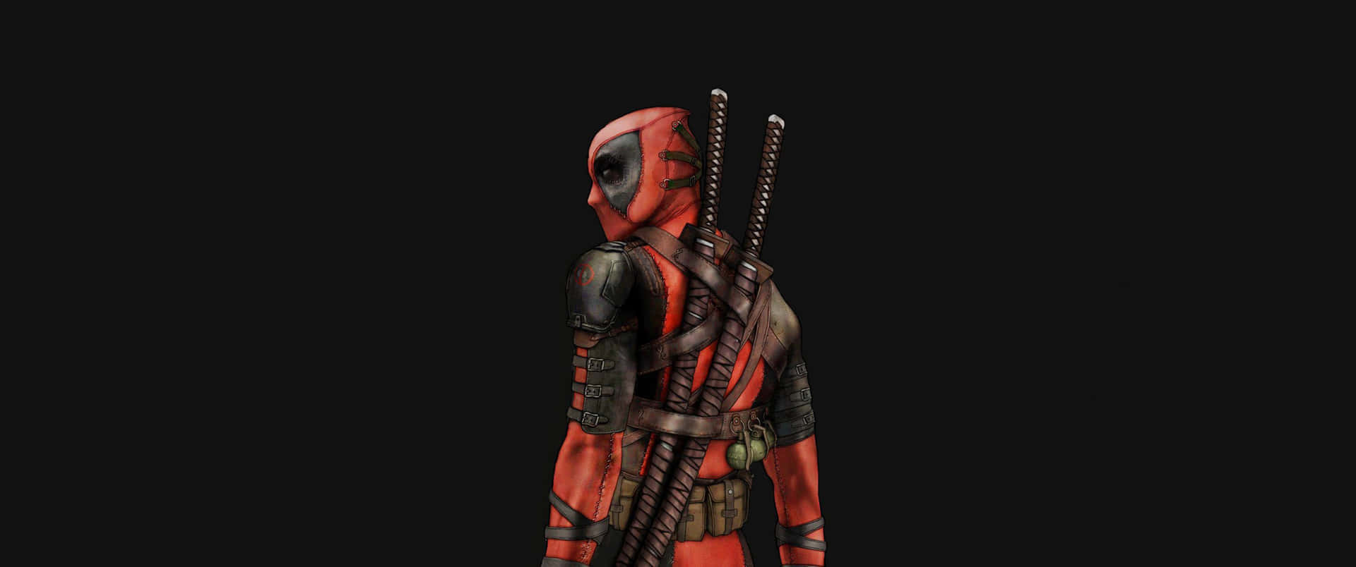 死侍身穿紅黑戰衣，背上綁著武士刀，背景為黑色。 — 3440X1440 壁紙
