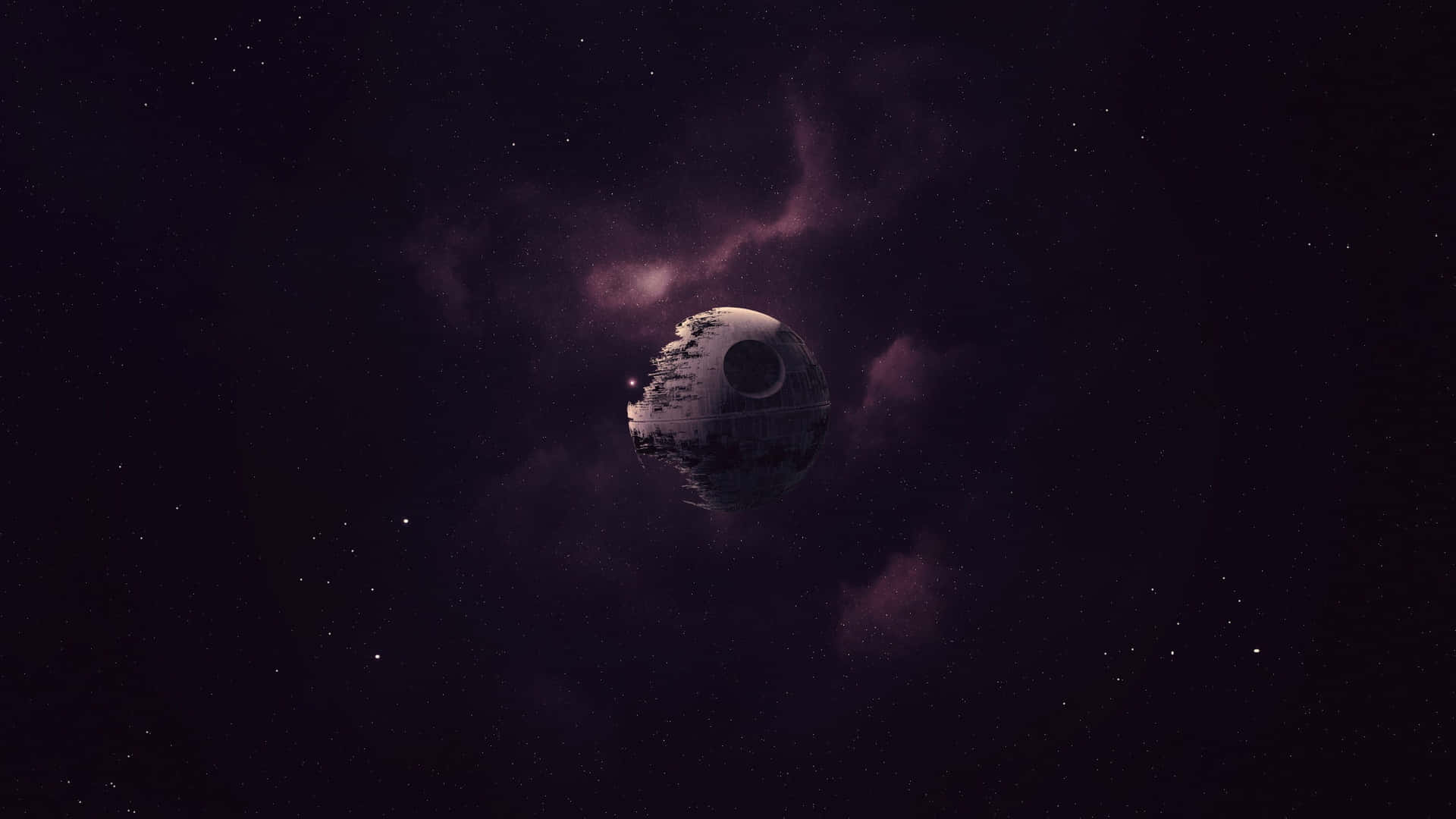  壁紙 — 死星在深空中，以滿佈星星的紫色星雲為背景，威嚇地逼近。