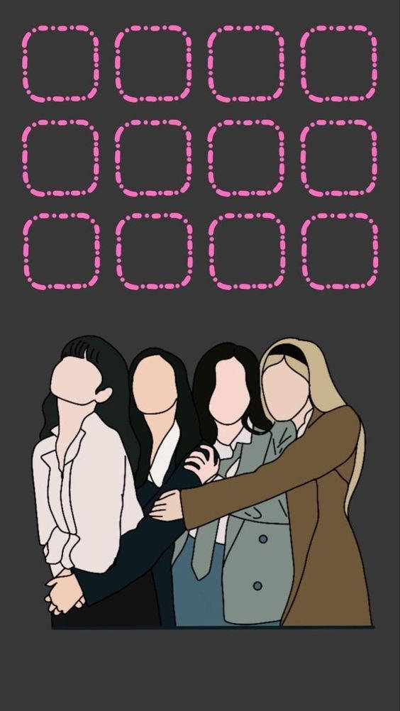 四位穿著商務服裝的女性擠在一起互相支持。 — Blackpink 壁紙