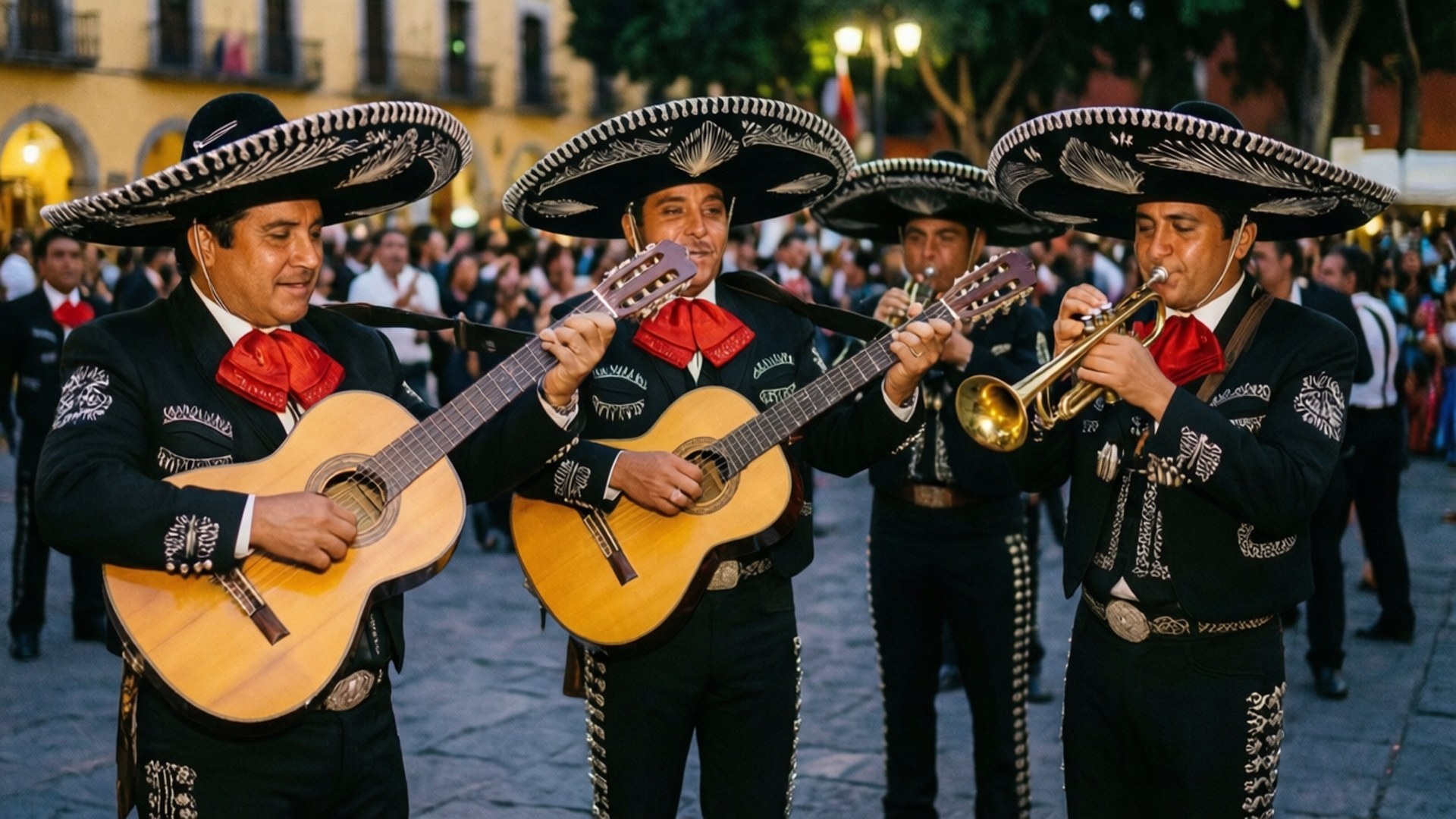 Mariachi Night Plaza 壁紙 — 四位身穿黑色查羅套裝、戴寬邊帽的街頭樂師在黃昏的鵝卵石街上彈吉他和吹小號。