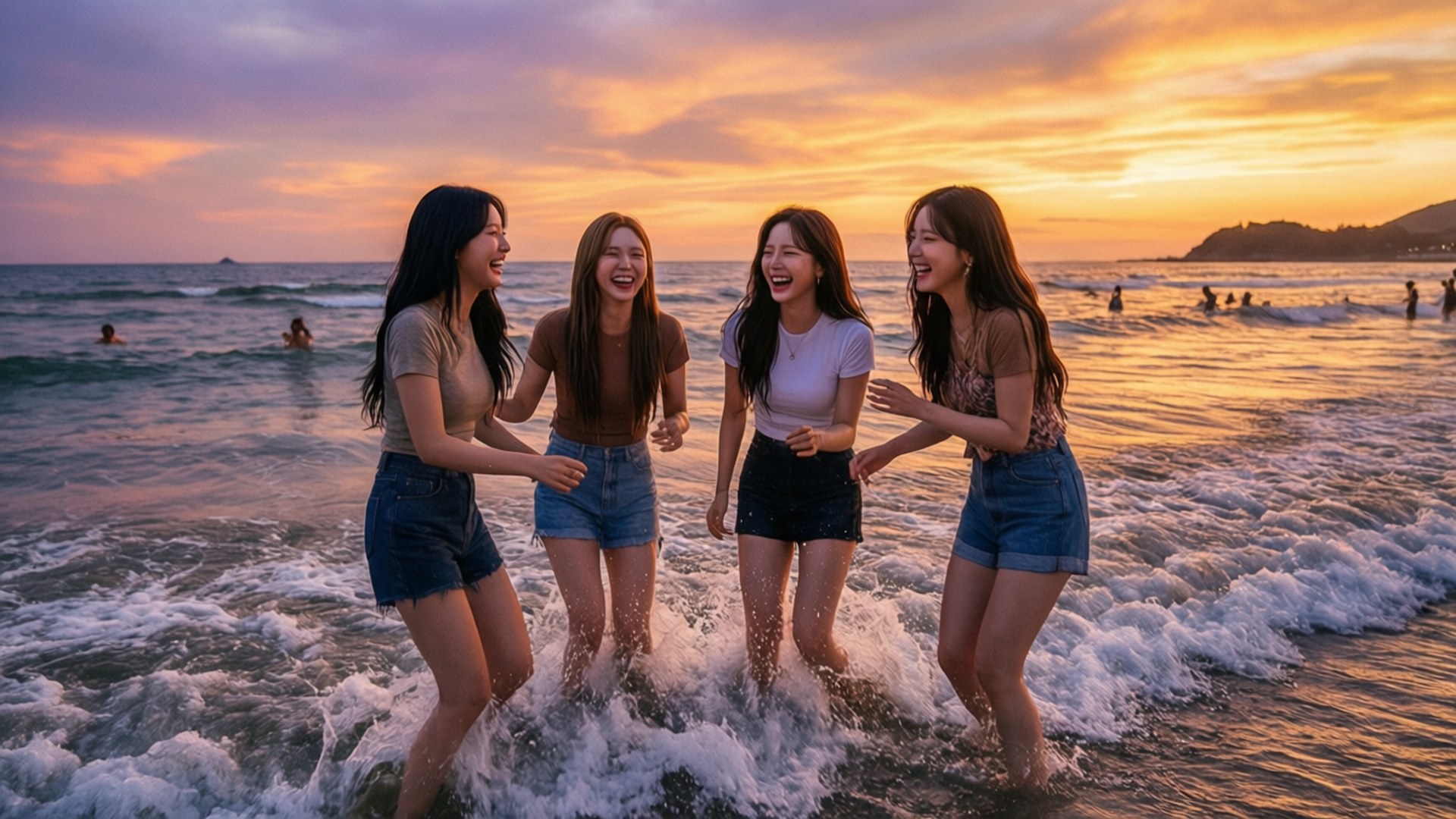 四位年輕女性在夕陽下於海浪中嬉笑玩耍 — Twice 壁紙