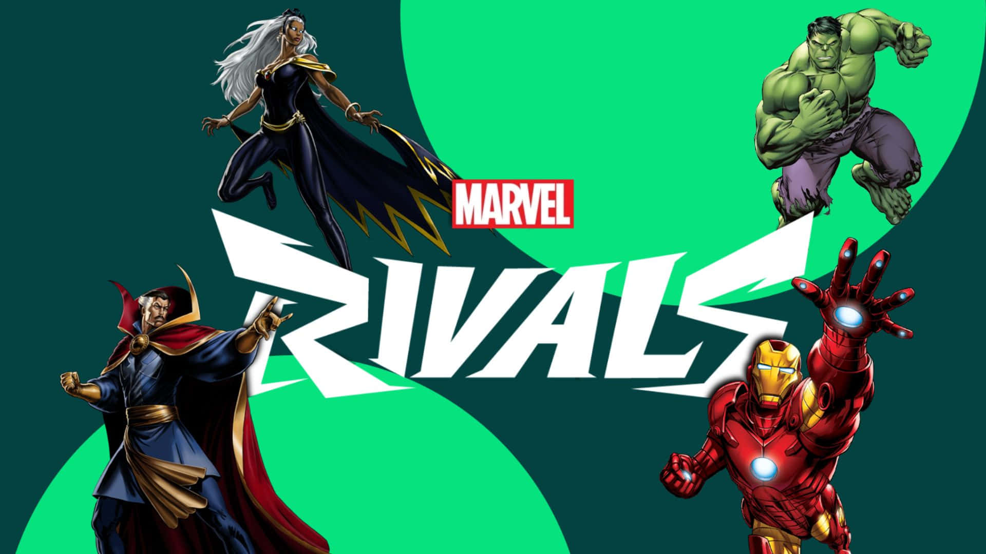  壁紙 — 四位漫威超級英雄以動感姿態圍繞一個粗體白色 'RIVALS' 標誌，背景為綠色漸層。