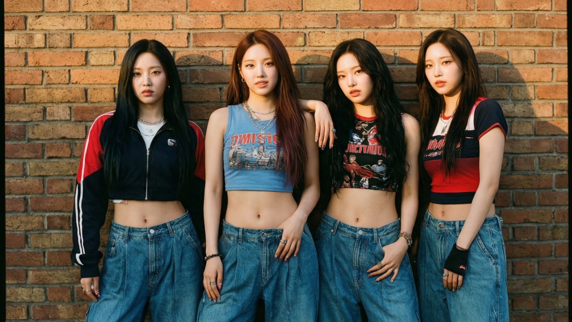 四位穿著休閒街頭服的年輕女性在日落時分於磚牆前擺姿勢。 — Twice 壁紙