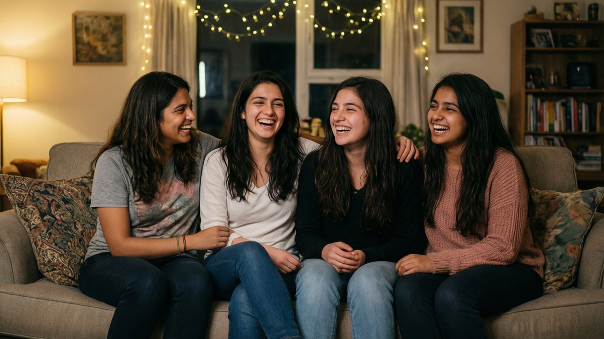 Girls' Night In 壁紙 — 四位年輕女性在溫暖的燈串下，在一個充滿生活氣息的客廳裡的舒適沙發上一起大笑。