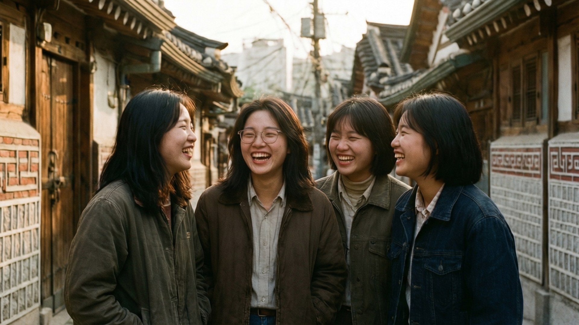 Alley Laughter 壁紙 — 四位年輕女性在狹窄的傳統韓國小巷中一起大笑，小巷有瓦片屋頂和木建築。