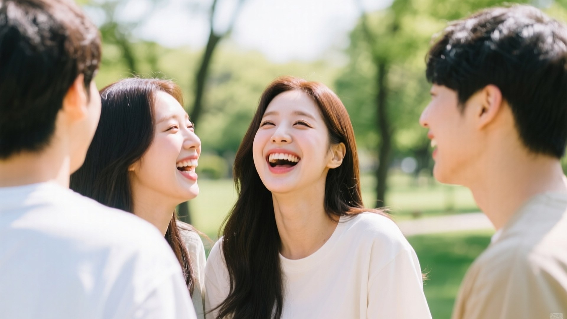 Candid Joy Taeyeon 壁紙 — 四位年輕朋友在陽光普照的公園裡一起大笑，周圍有綠樹和柔和自然光。