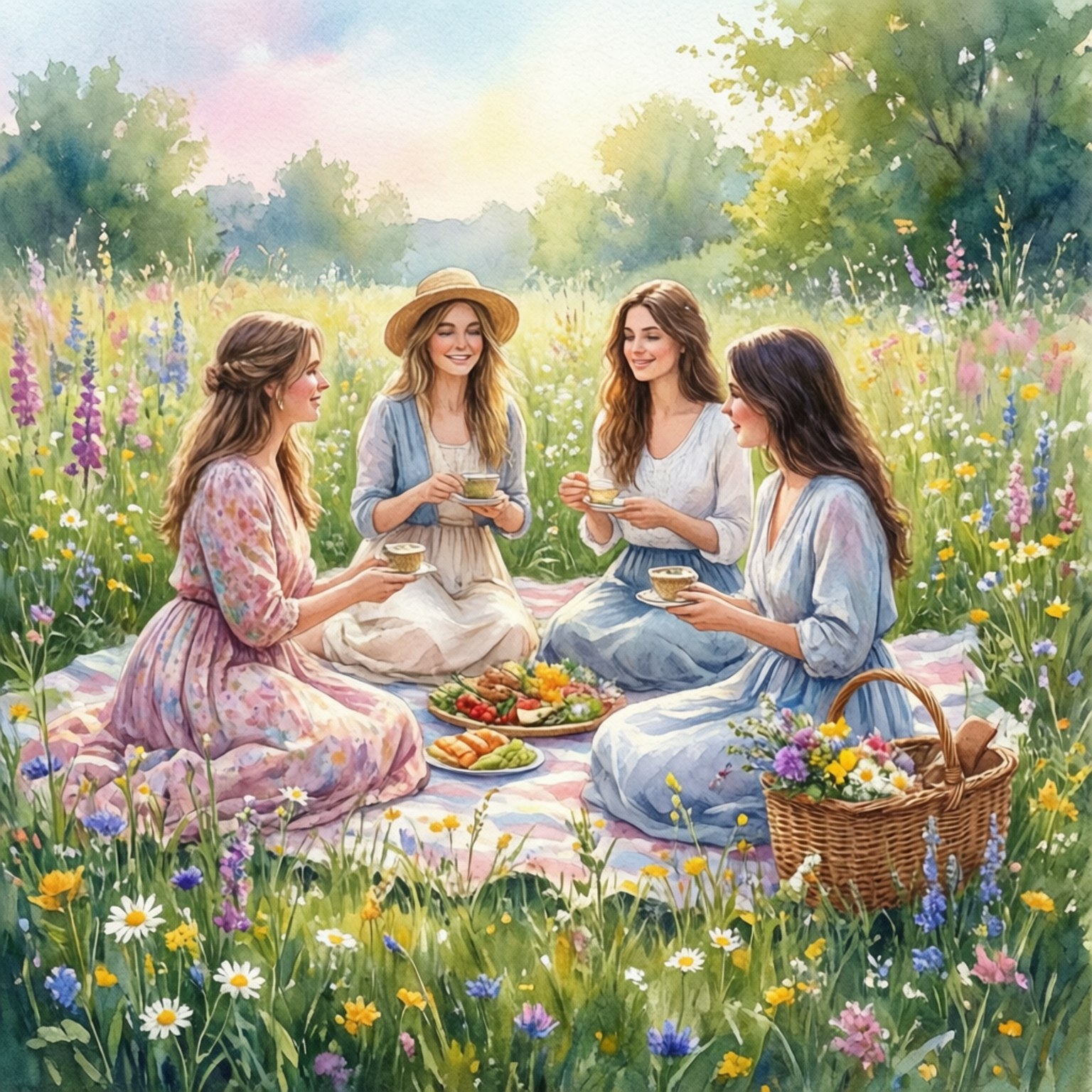 Girls Trip 桌布 壁紙 — 四位身穿復古連衣裙的女性在陽光明媚的草地上，坐在花卉圖案的毯子上享用茶和小吃。