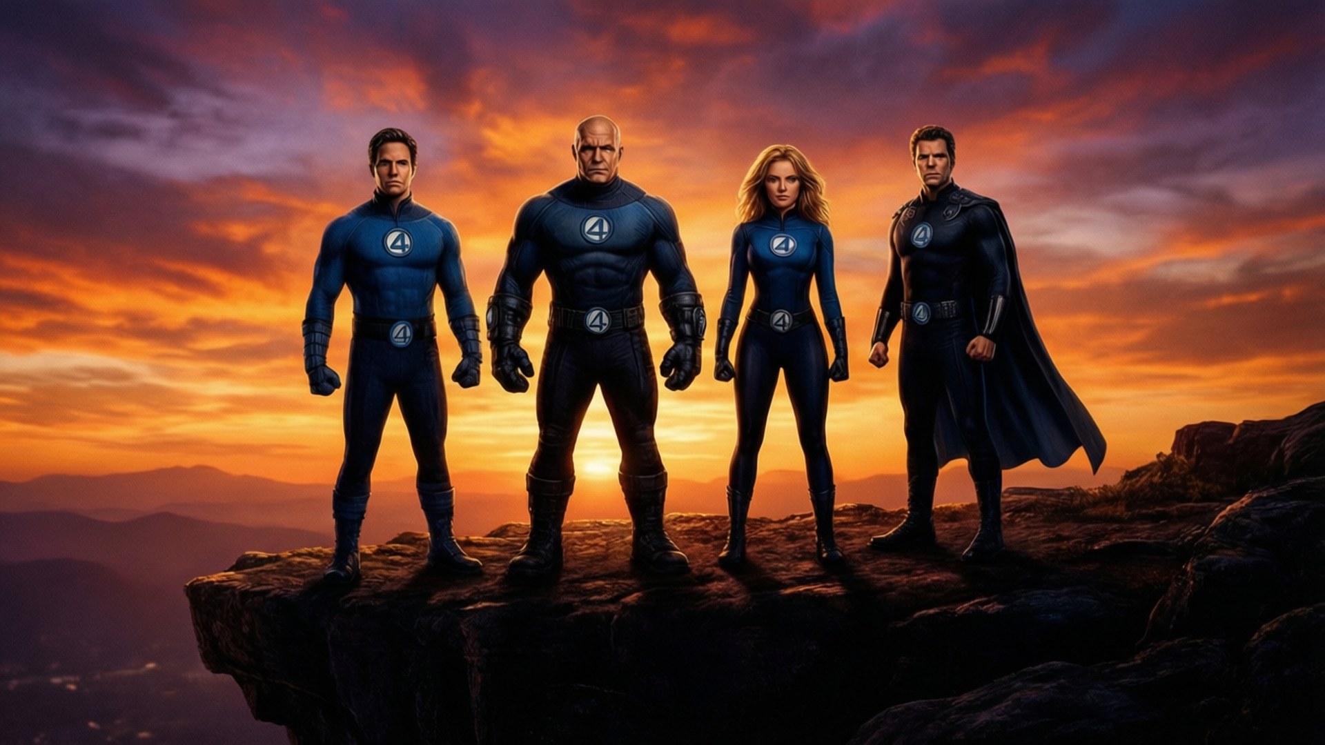 Fantastic Four 桌布 壁紙 — 四位身穿藍色套裝的超級英雄英勇地站在懸崖邊，背景是熾熱的日落天空。