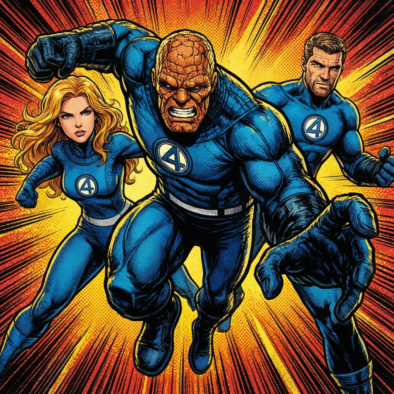Fantastic Four 桌布 壁紙 — 四位身穿藍色套裝的奇幻英雄，在熾熱的橙黃色放射狀爆發背景中向前衝刺。