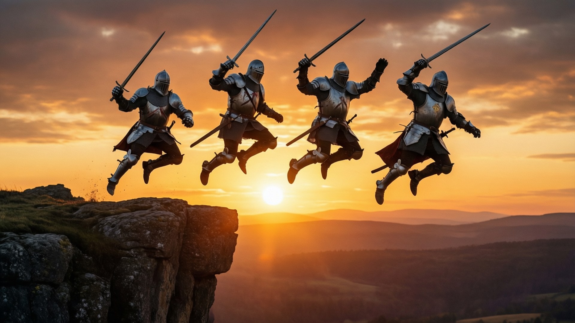 Knights at Sunset 壁紙 — 四位身穿全副盔甲的騎士從懸崖邊躍起，背景是火紅的夕陽和起伏的山丘。
