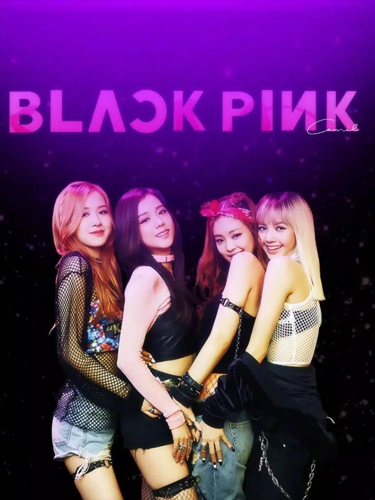 Black Pink 成員在紫色舞台燈光下穿著時尚服裝擺姿勢。 — Jennie 壁紙