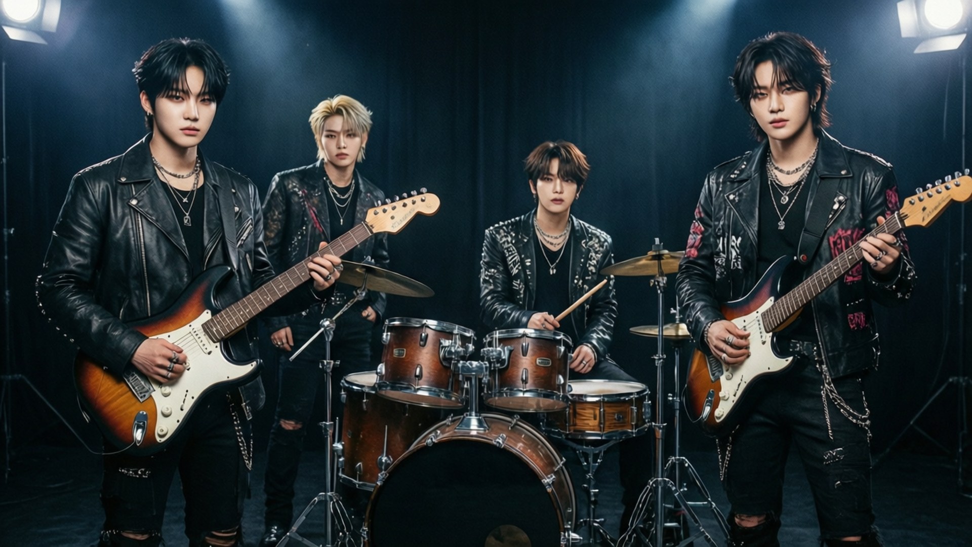 Rock Band Vibe 壁紙 — 四位時尚音樂家身穿黑色皮夾克，在戲劇性的舞台燈光下，手持電吉他和爵士鼓套裝擺姿勢。