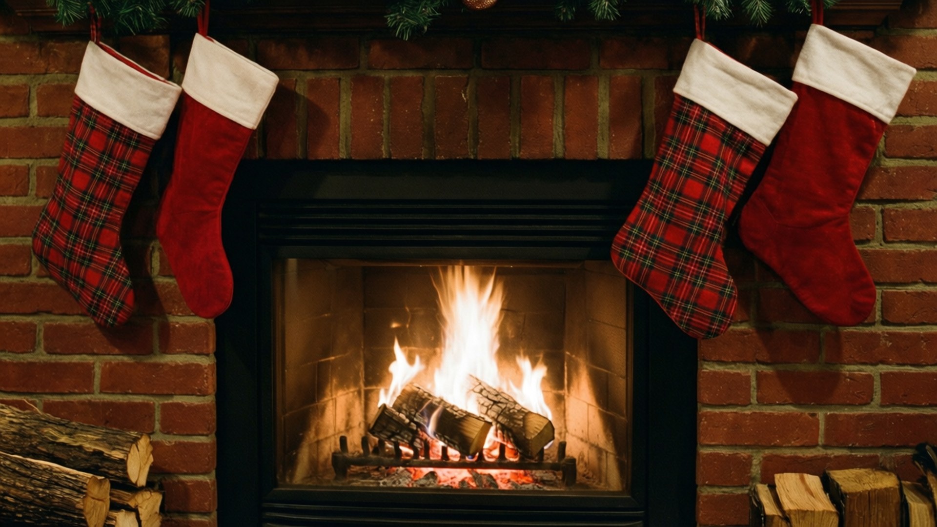 Fireplace Stockings 壁紙 — 四隻節日長襪掛在一個磚砌壁爐上方，爐火熊熊燃燒，木柴燒得明亮。