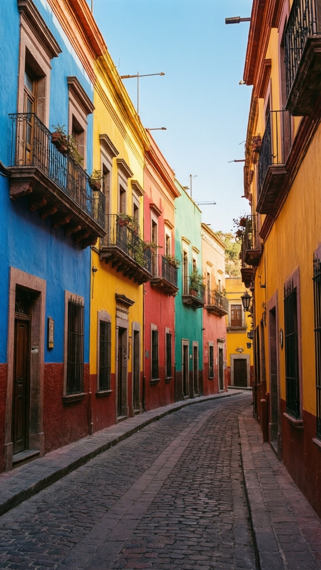 Guanajuato Colorful Alley 壁紙 — 一條狹窄的鵝卵石街道，兩旁是色彩鮮豔的殖民時期建築，有藍色、黃色、紅色和綠色，在清澈的藍天下。