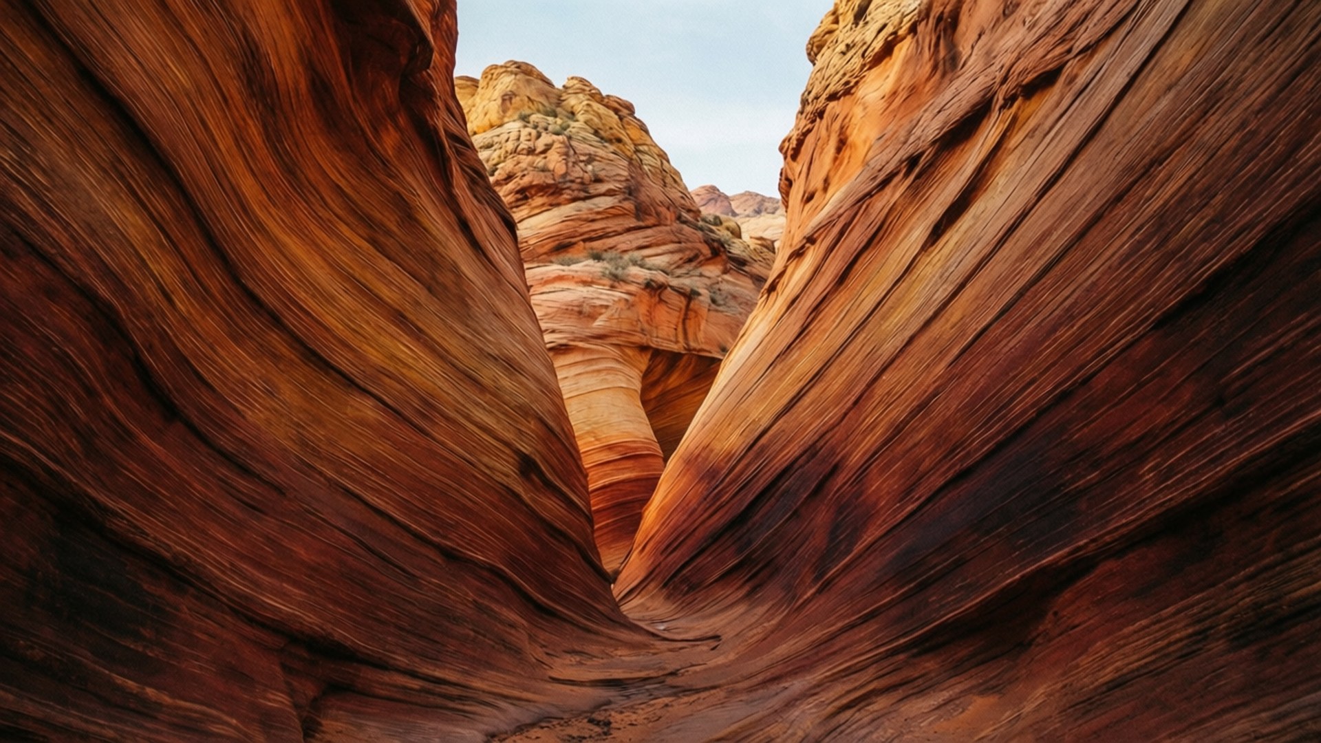 macOS Mojave 桌布 壁紙 — 狹窄的峽谷，高聳的紅色砂岩牆壁向上彎曲，朝向明亮的天空。