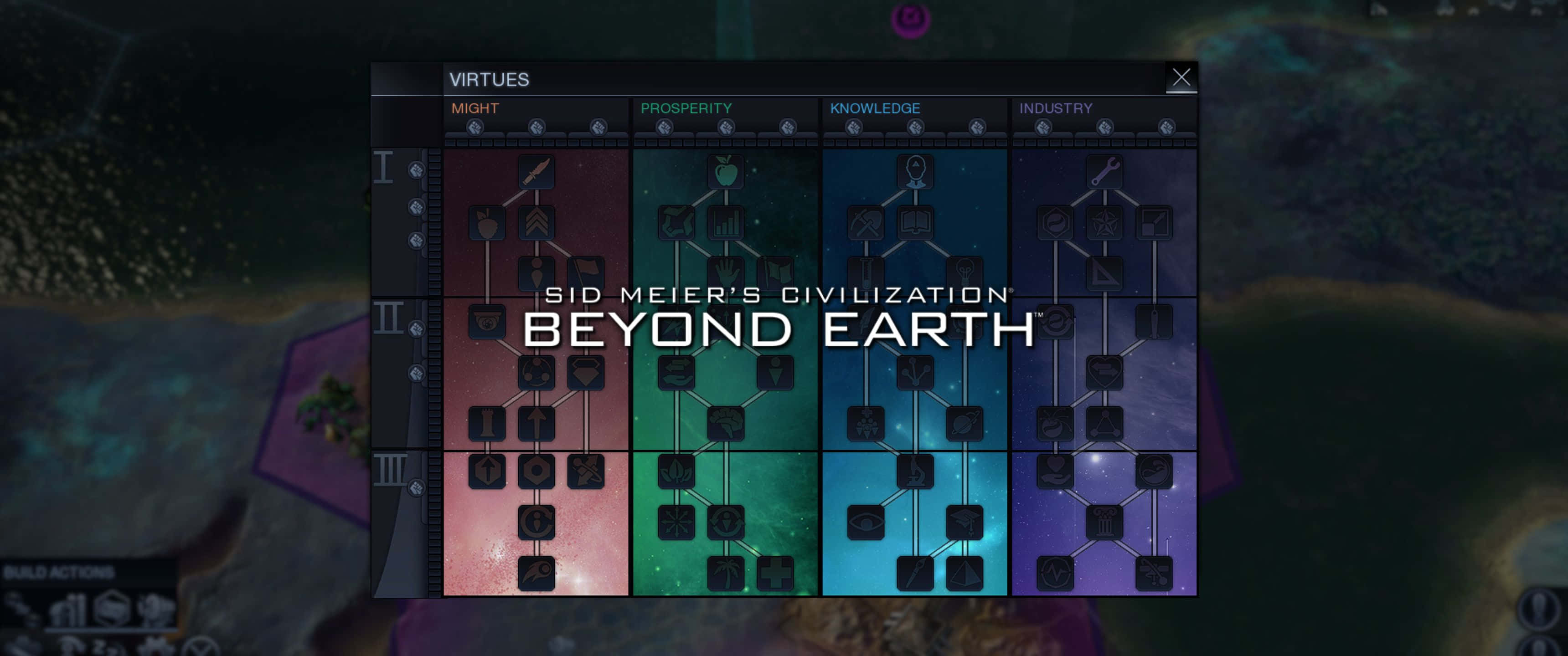 電玩遊戲 桌布 壁紙 — Sid Meier's Civilization Beyond Earth 遊戲介面，顯示美德樹與宇宙背景。