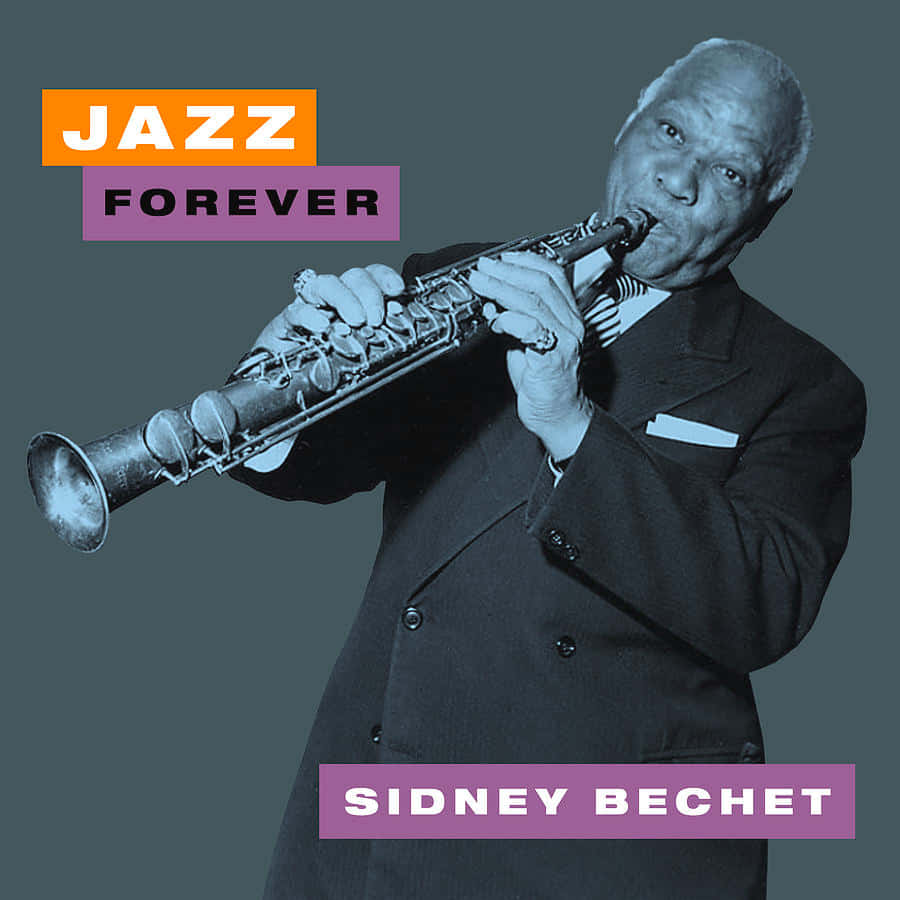 Album Cover 桌布 壁紙 — Sidney Bechet 在柔和的灰色背景上熱情地演奏單簧管，並配上大膽的橙色和紫色 'Jazz Forever' 文字。