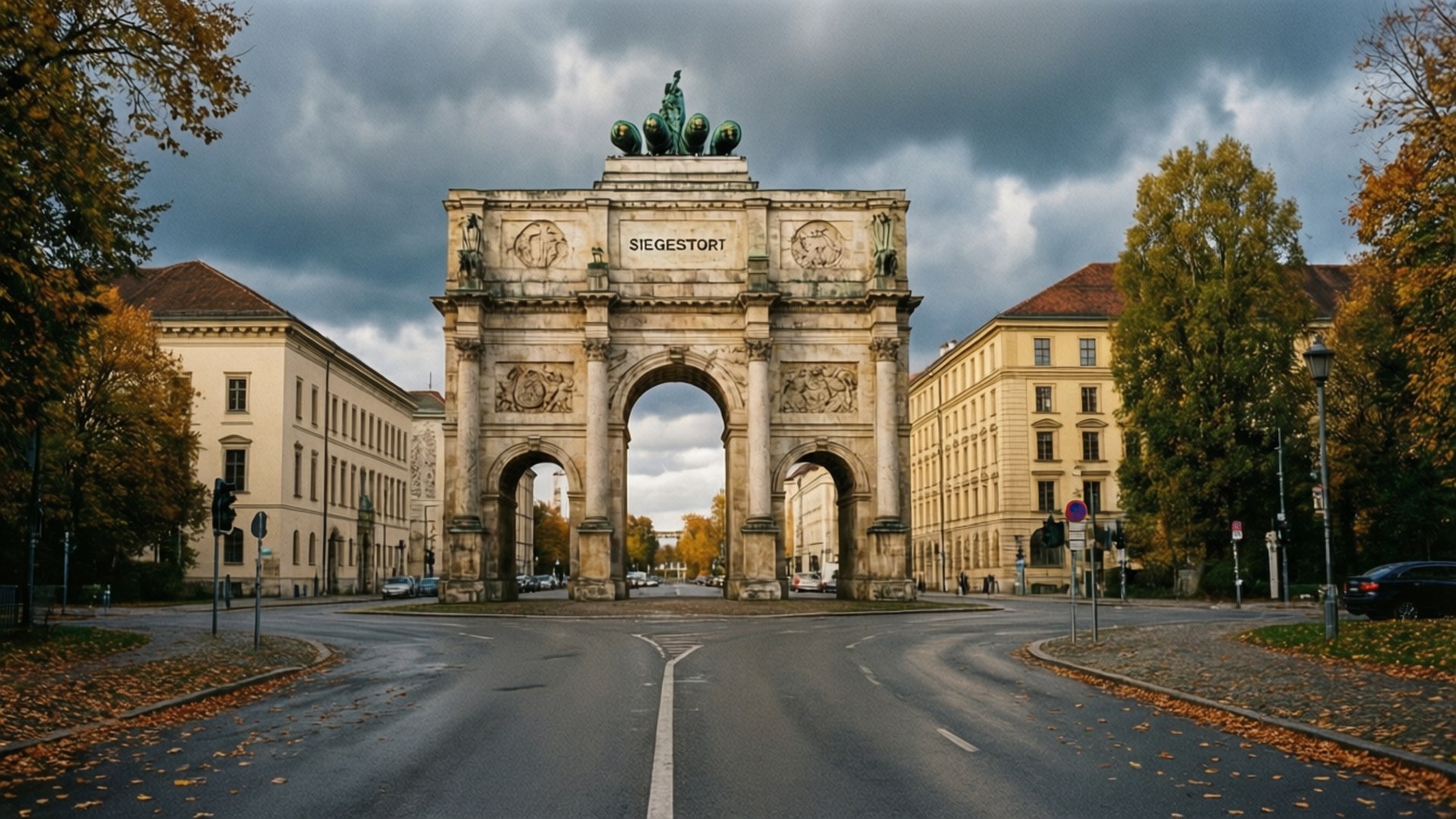 Siegestor Dramatic Sky 壁紙 — 慕尼黑的Siegestor凱旋門在陰沉天空下巍然聳立，秋葉鋪滿濕漉漉的街道。
