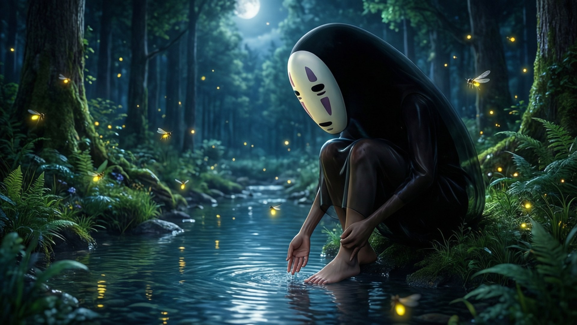 River of Fireflies 壁紙 — 一個沉默戴面具的身影，身穿黑色長袍，跪在月光照耀的森林溪流旁，輕輕觸碰水面，發光的螢火蟲在周圍舞動。