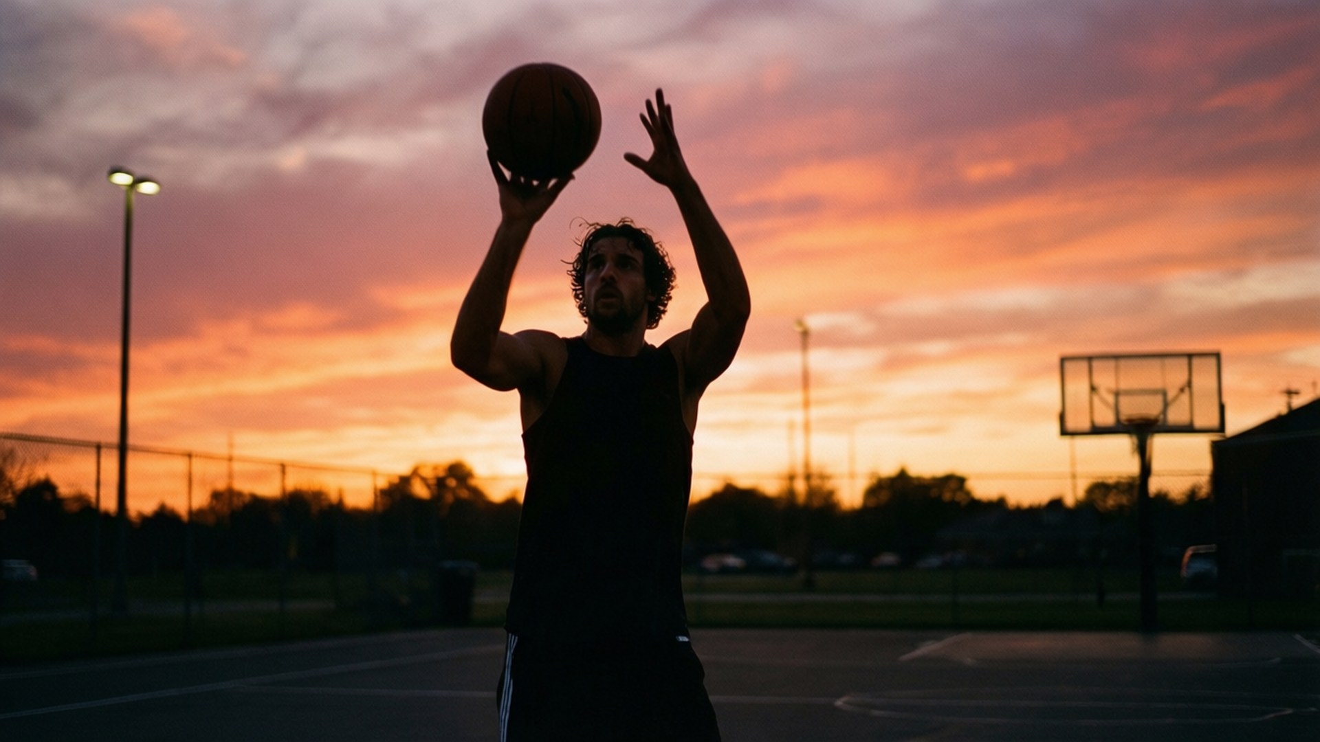Sunset Shooter 壁紙 — 一個剪影籃球運動員在戶外球場上，對著充滿活力的橙色和粉紅色日落天空投籃。
