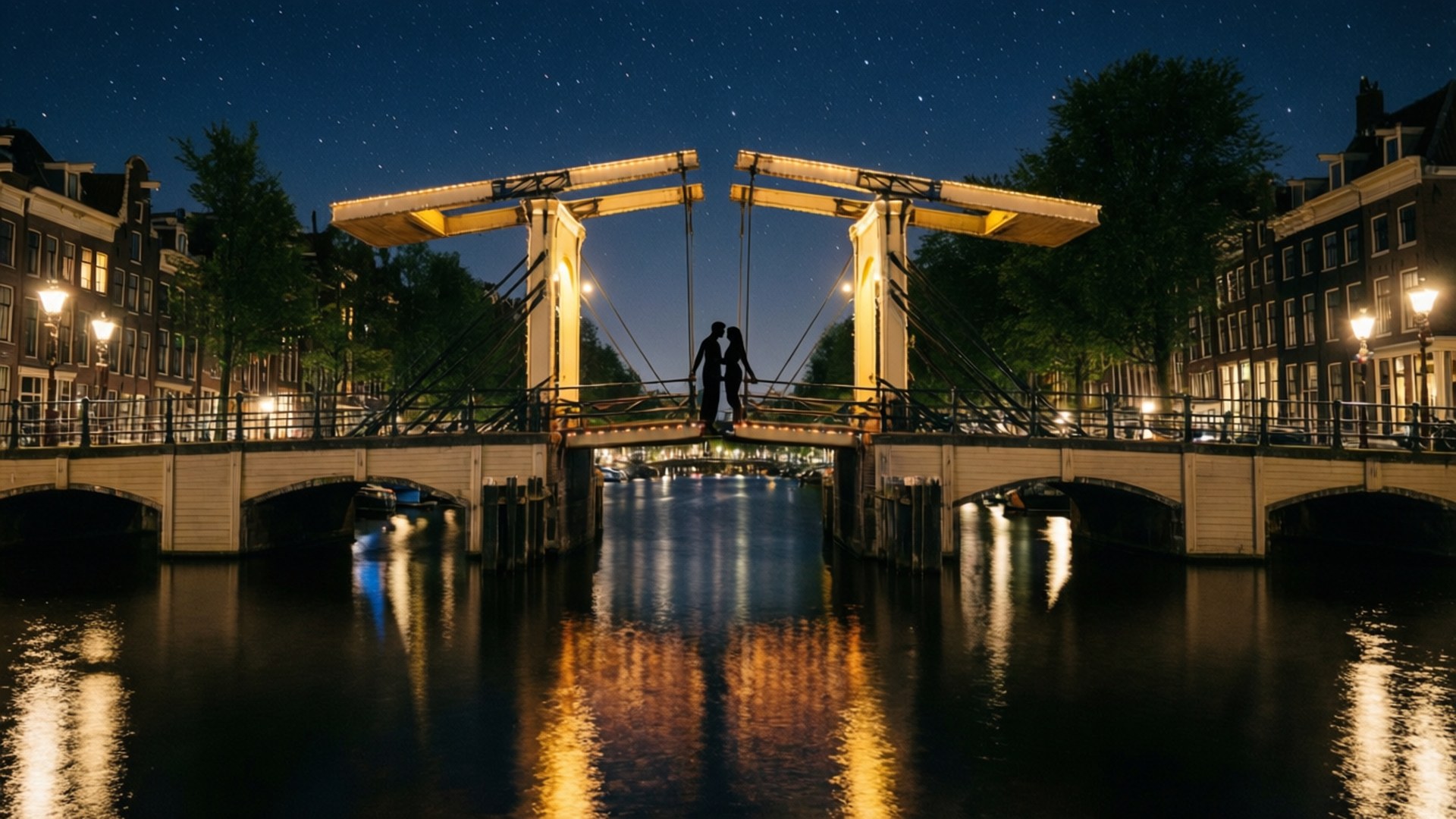 Skinny Bridge Romance 壁紙 — 一對剪影情侶在夜晚站在一條有燈光的吊橋上，橫跨運河，星空下水面有溫暖的倒影。