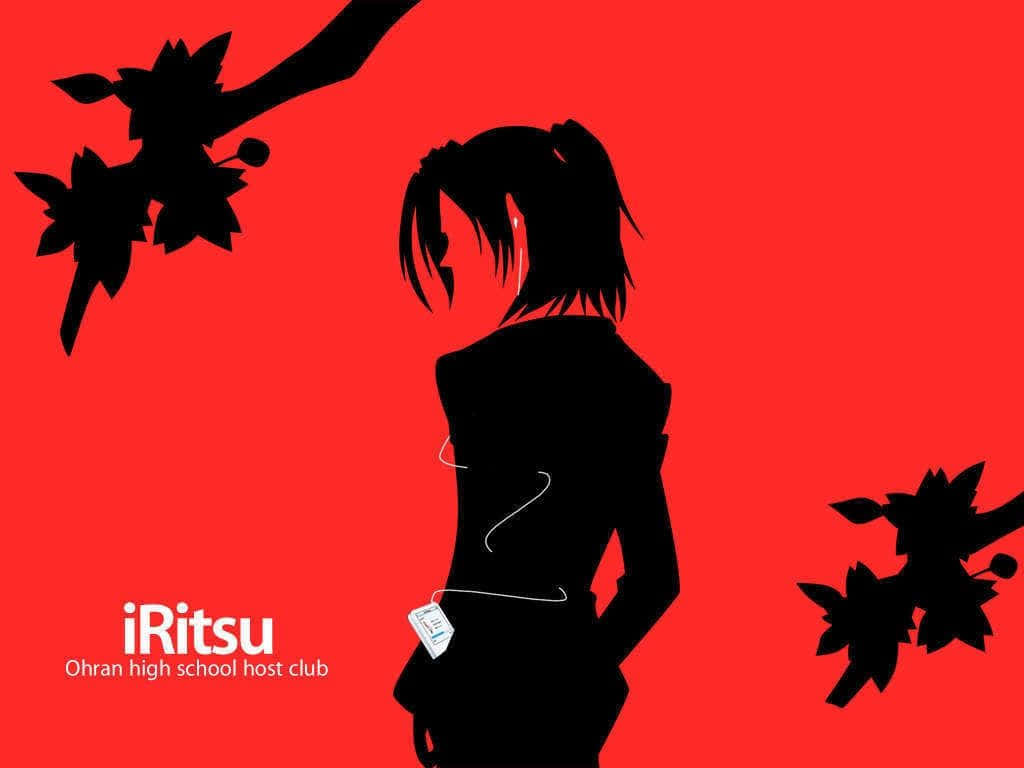 Kasanoda Ritsu 桌布 壁紙 — 馬尾辮女孩戴耳機的剪影，背景是鮮紅色和櫻花枝。