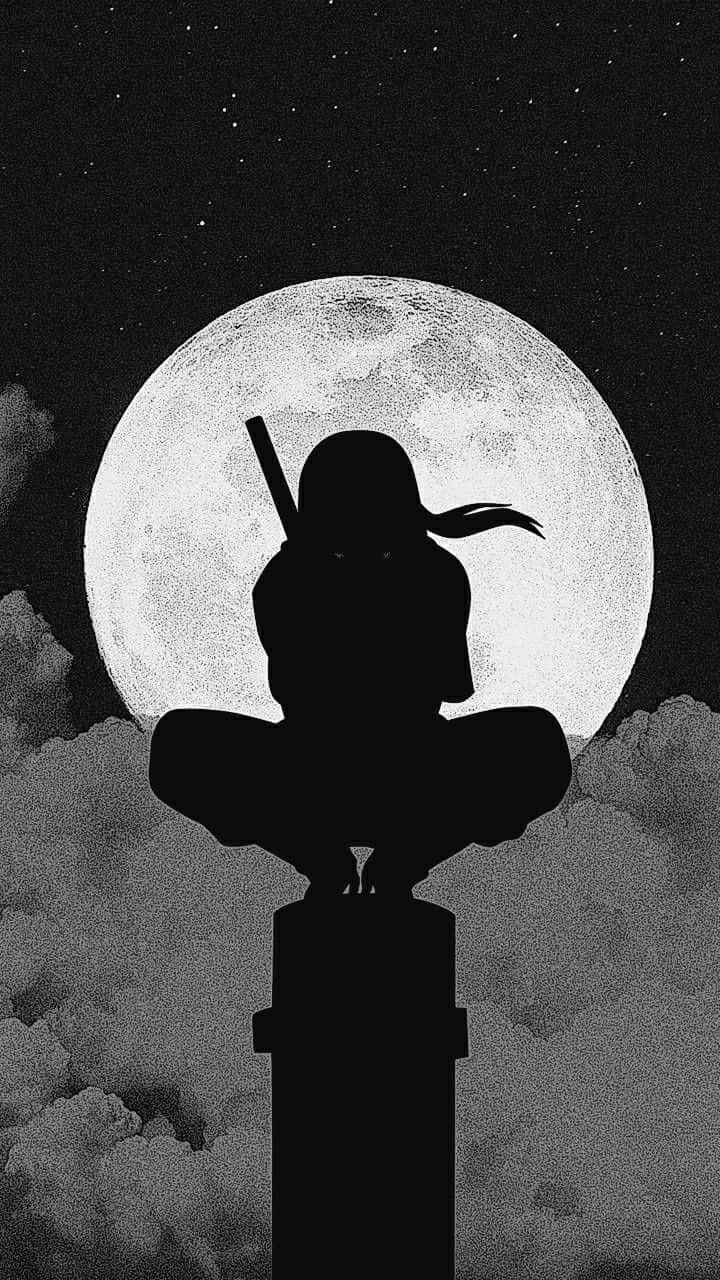  壁紙 — 忍者剪影棲息在柱子上，背景是巨大的紋理月亮和星空夜空。
