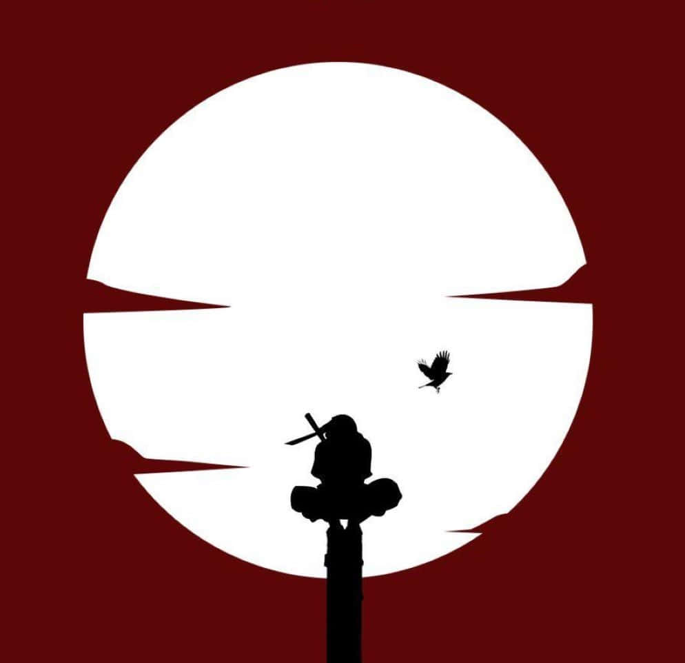  壁紙 — 忍者棲息在柱子上，背景是深紅色背景上的破裂白色月亮，還有一隻飛鳥的剪影。