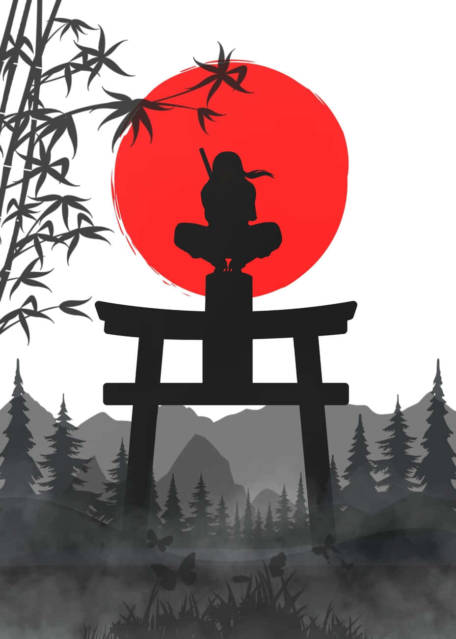  壁紙 — 忍者剪影棲息在鳥居頂端，以鮮豔的紅日為背景，下方有竹林和霧氣繚繞的森林。