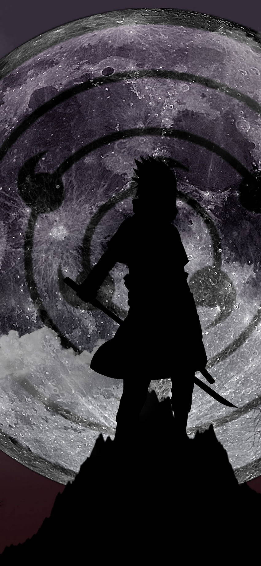 忍者剪影手持雙刀，站在山頂上，下方是一輪巨大的月亮。 — Sasuke 壁紙