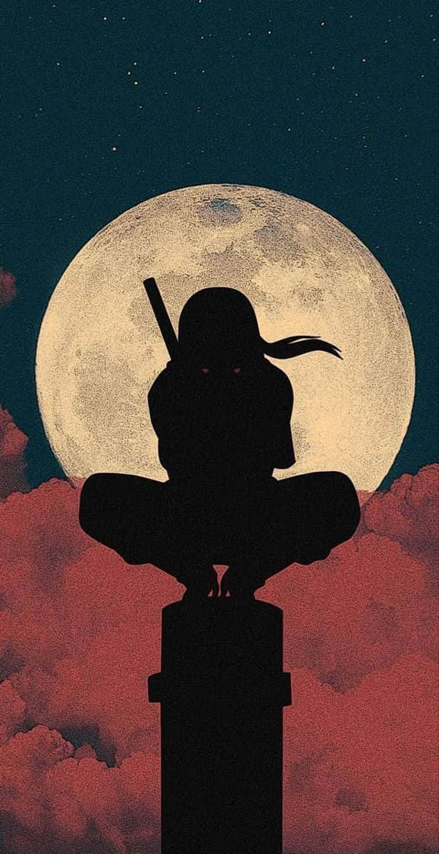  壁紙 — 忍者剪影，眼睛發光，棲息在柱子上，背景是巨大的月亮和滿天繁星的夜空。