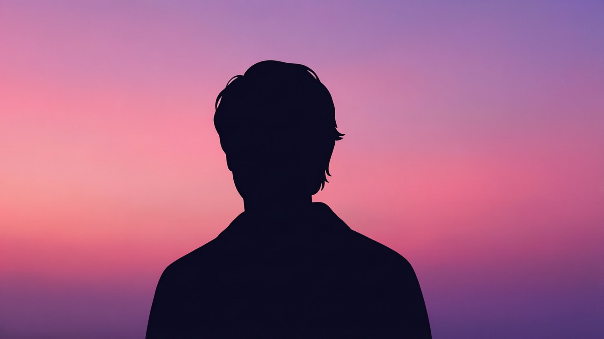 Minimalist Purugly Silhouette 壁紙 — 一個人背向柔和粉紅與紫色暮色天空的剪影。