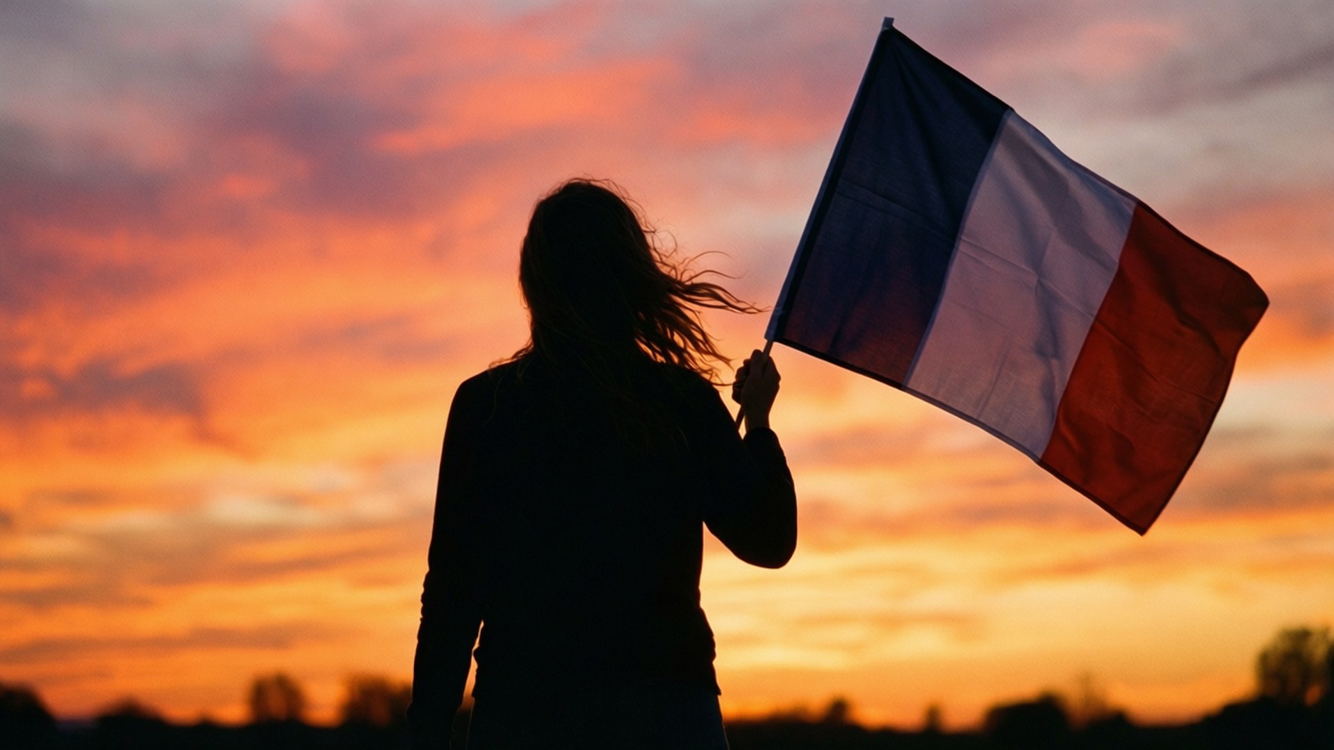 France Flag 桌布 壁紙 — 一個人的剪影，手持法國國旗，背景是熾熱的日落天空，帶有鮮豔的橙色和粉紅色雲彩。