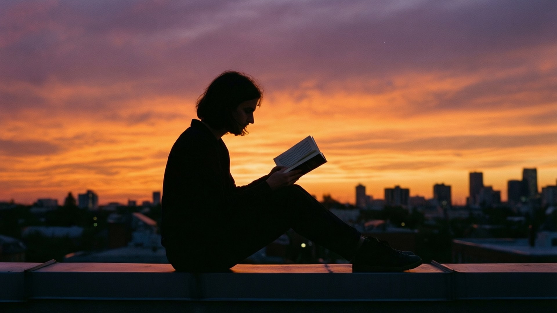 Rooftop Sunset Reader 壁紙 — 一個人在屋頂上閱讀書籍的剪影，背景是充滿活力的橙色和紫色日落，城市天際線在背景中。