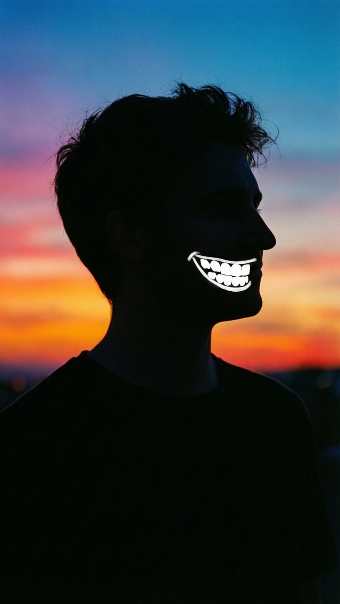 Silhouette Smile Profile 壁紙 — 一個人的剪影，在充滿活力的日落天空下微笑，露出發光的白色牙齒。