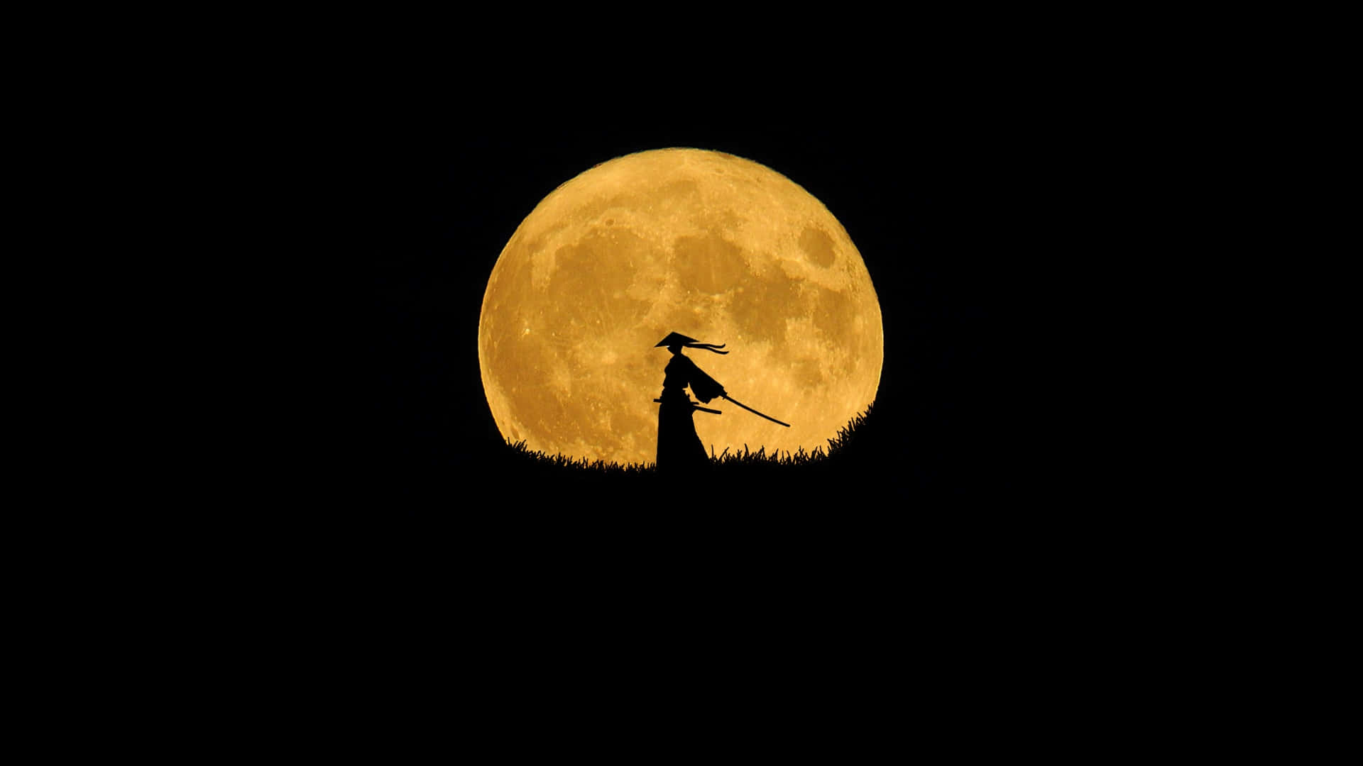  壁紙 — 武士剪影手持劍，站在黑色天空中巨大發光的滿月前。