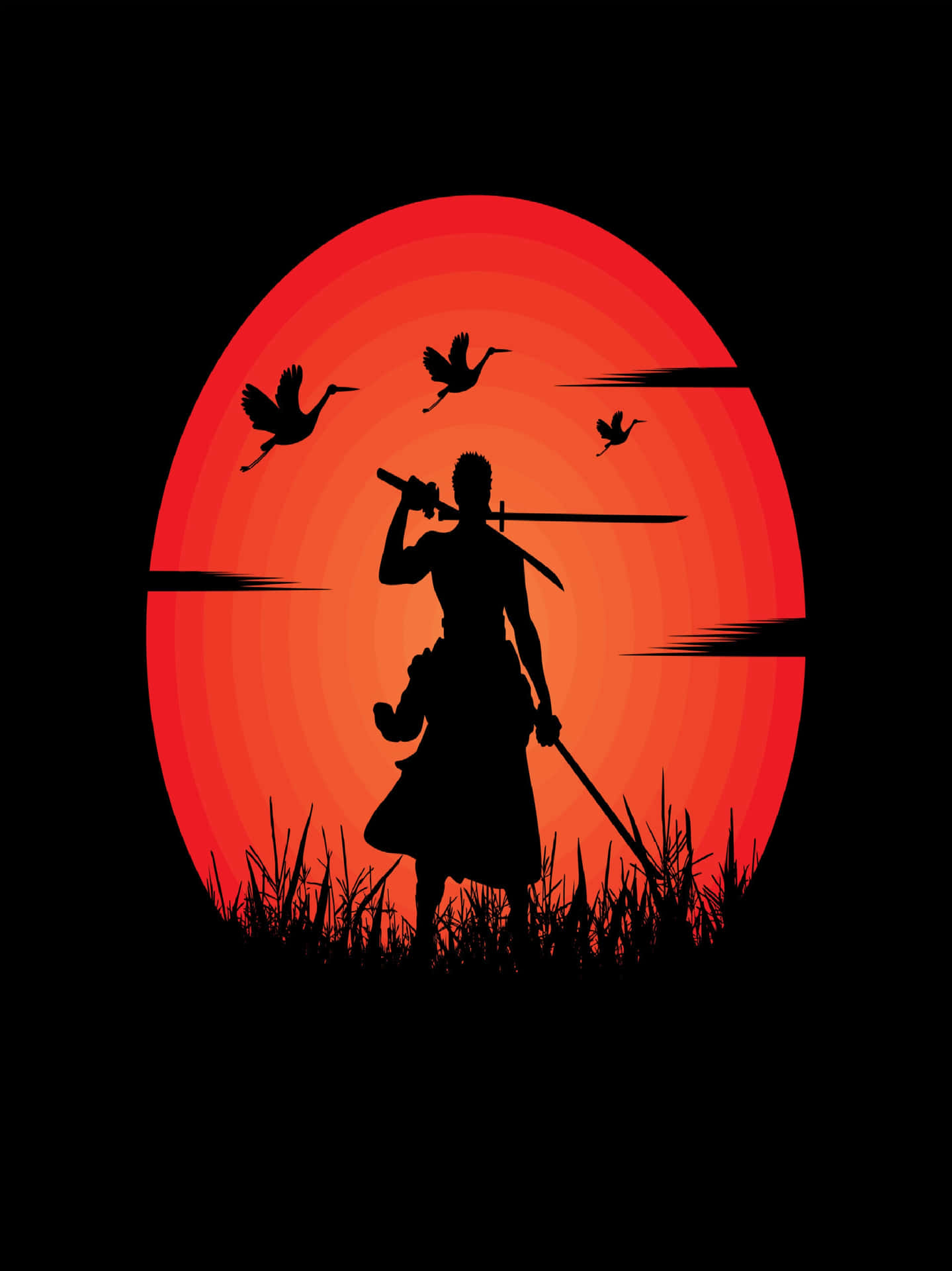  壁紙 — 武士剪影手持劍，站在鮮紅太陽前，有飛鶴在黑色天空中。