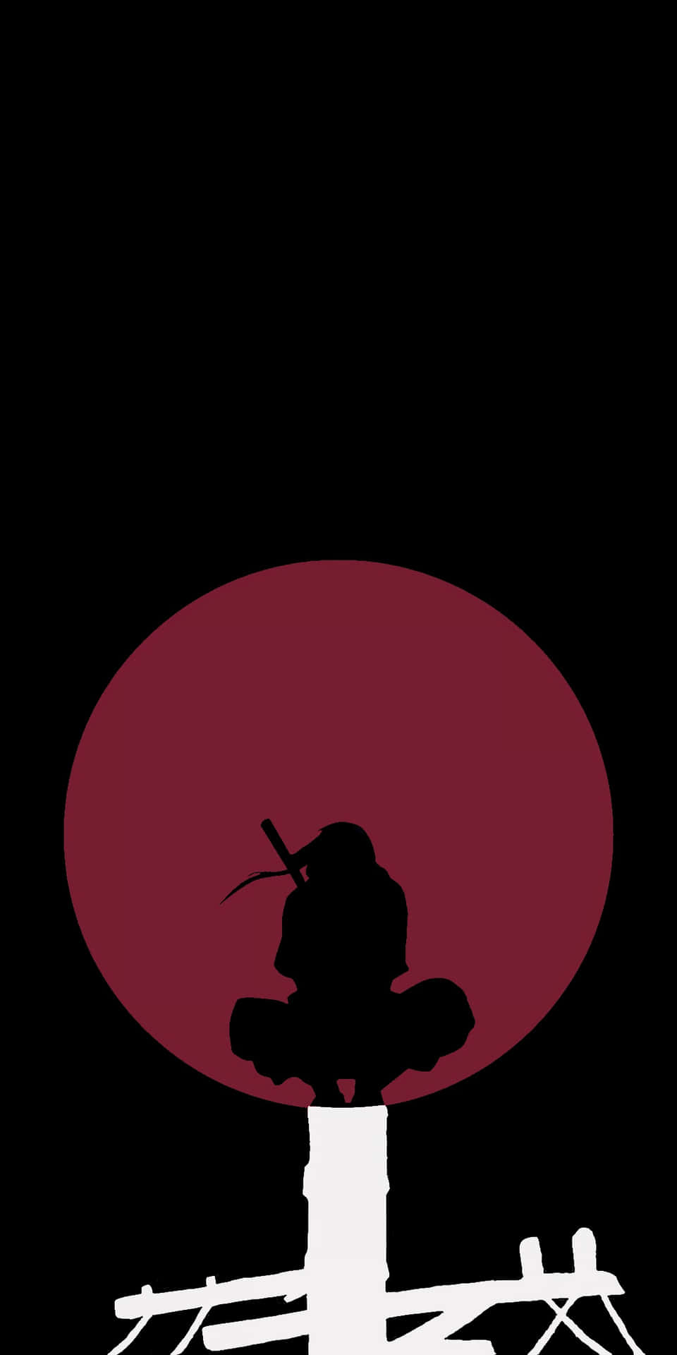  壁紙 — 黑色背景上，一位武士戰士的剪影坐在白色柱子上，背後是一個巨大的栗色太陽。