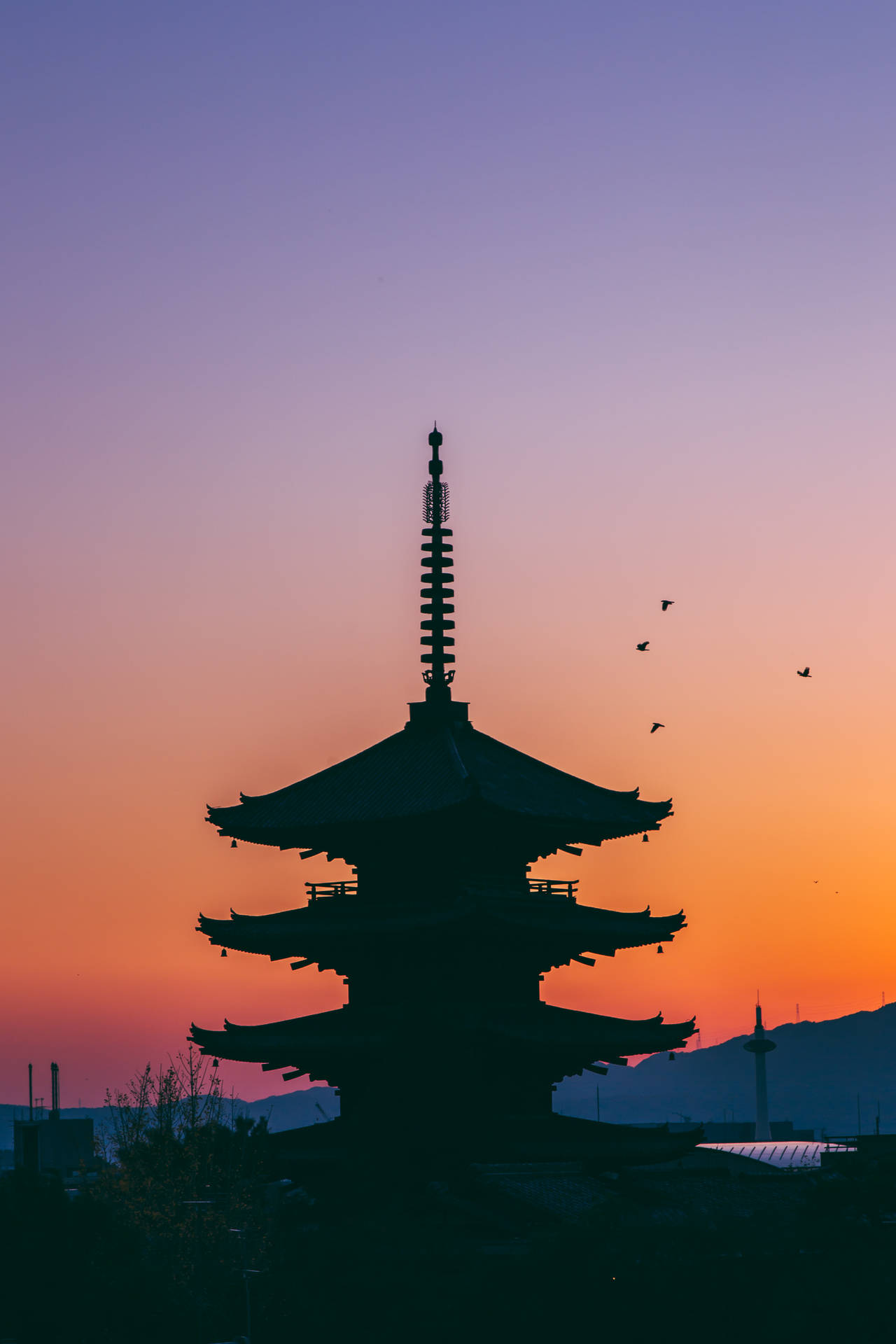 日落時分的寶塔剪影，鳥兒在色彩繽紛的天空中飛翔 — 京都 壁紙