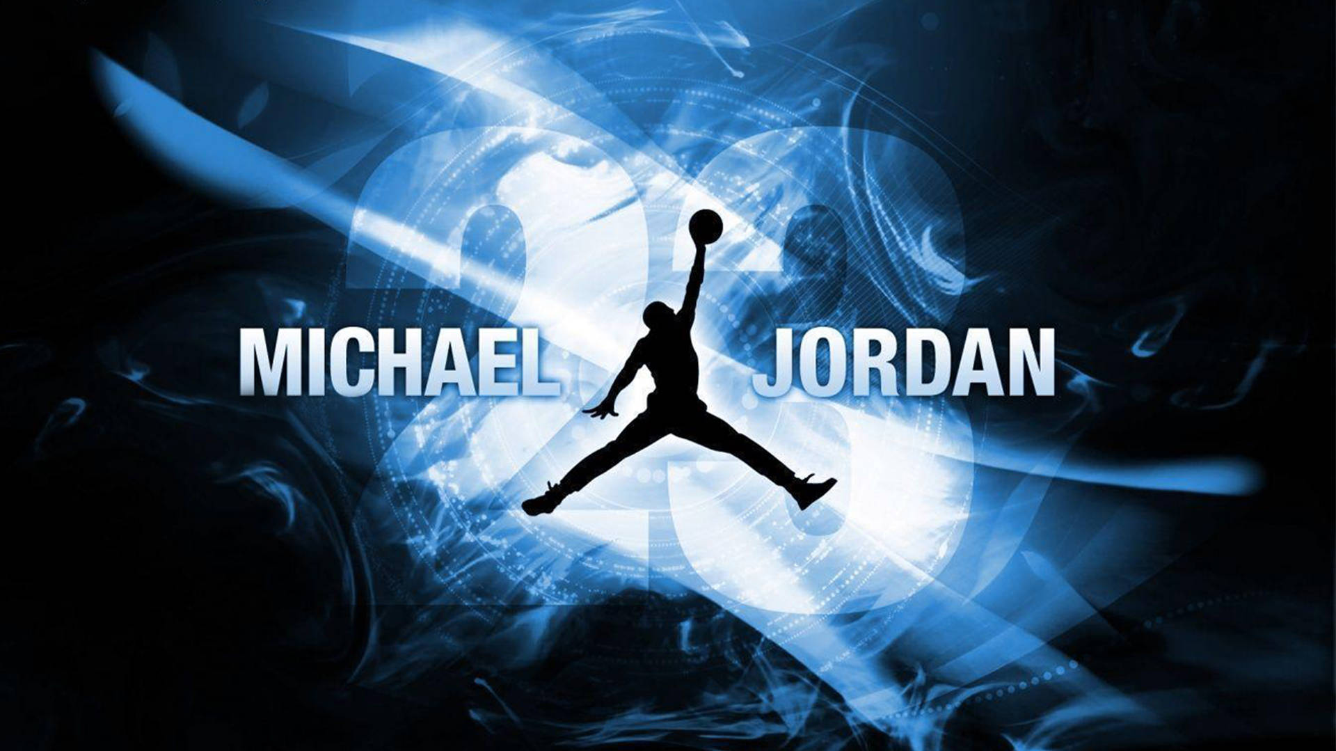 麥可喬丹剪影灌籃籃球，帶有藍色能量效果，並顯示他的名字。 — Air Jordan 壁紙
