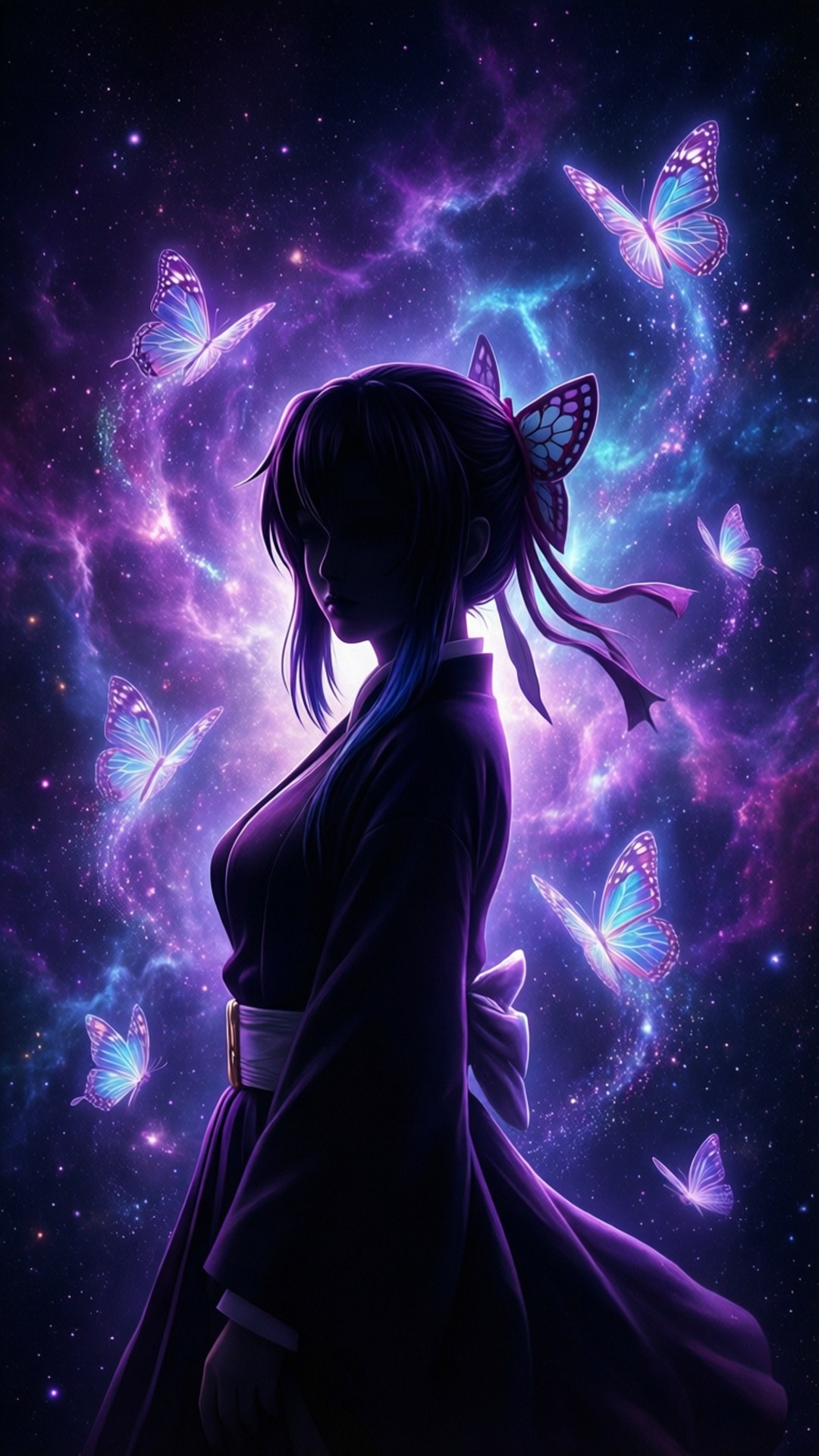 Cosmic Butterfly Hashira 壁紙 — 一個穿著深色長袍的女人的剪影，站在充滿活力的紫色和藍色宇宙星雲前，發光的蝴蝶在她周圍盤旋。