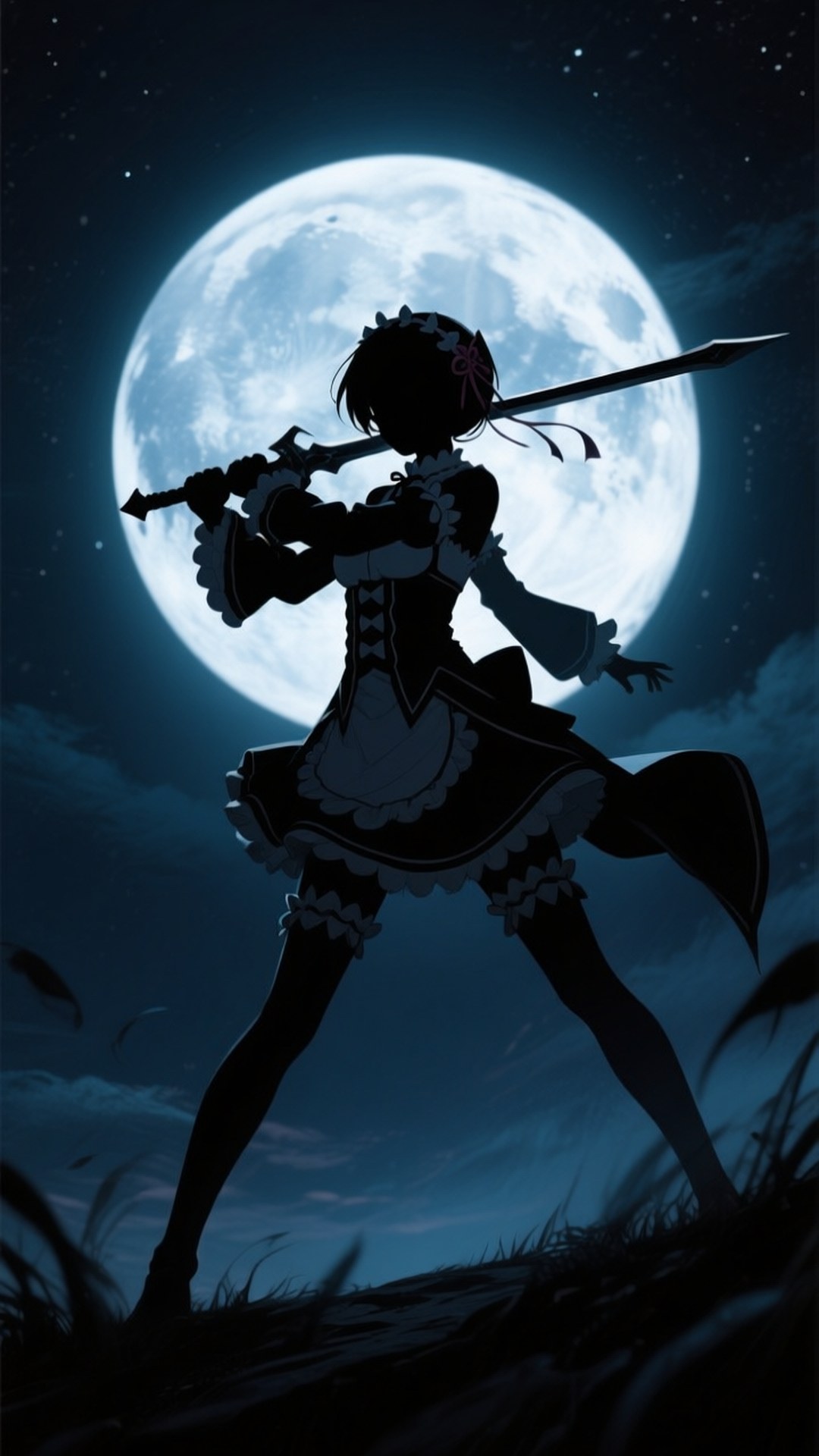 Rem Moon Silhouette 壁紙 — 一個剪影動畫女僕裝女孩揮劍對抗星空夜空中巨大的發光月亮。