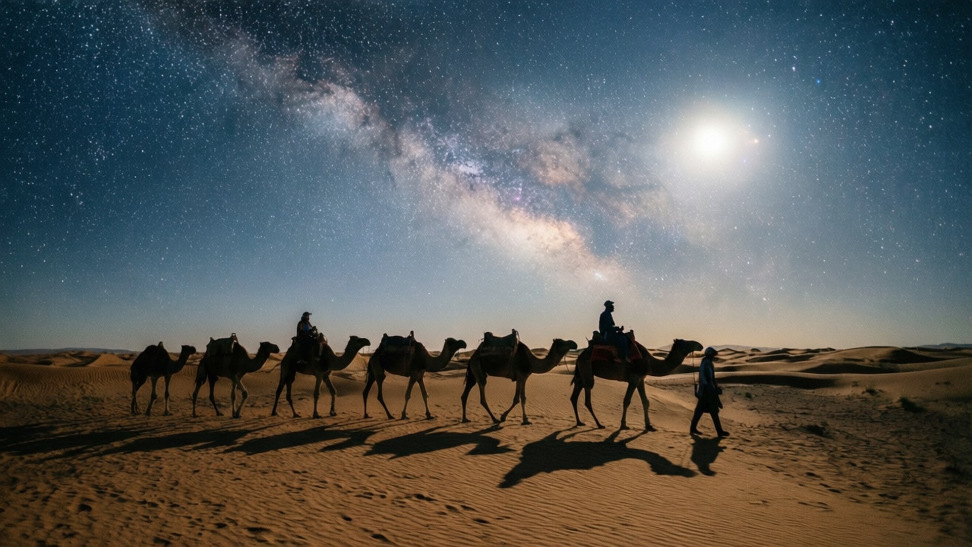 Camel Caravan Under Stars 壁紙 — 剪影的駱駝和騎手在星爆銀河和明亮月亮下穿越金色沙丘。
