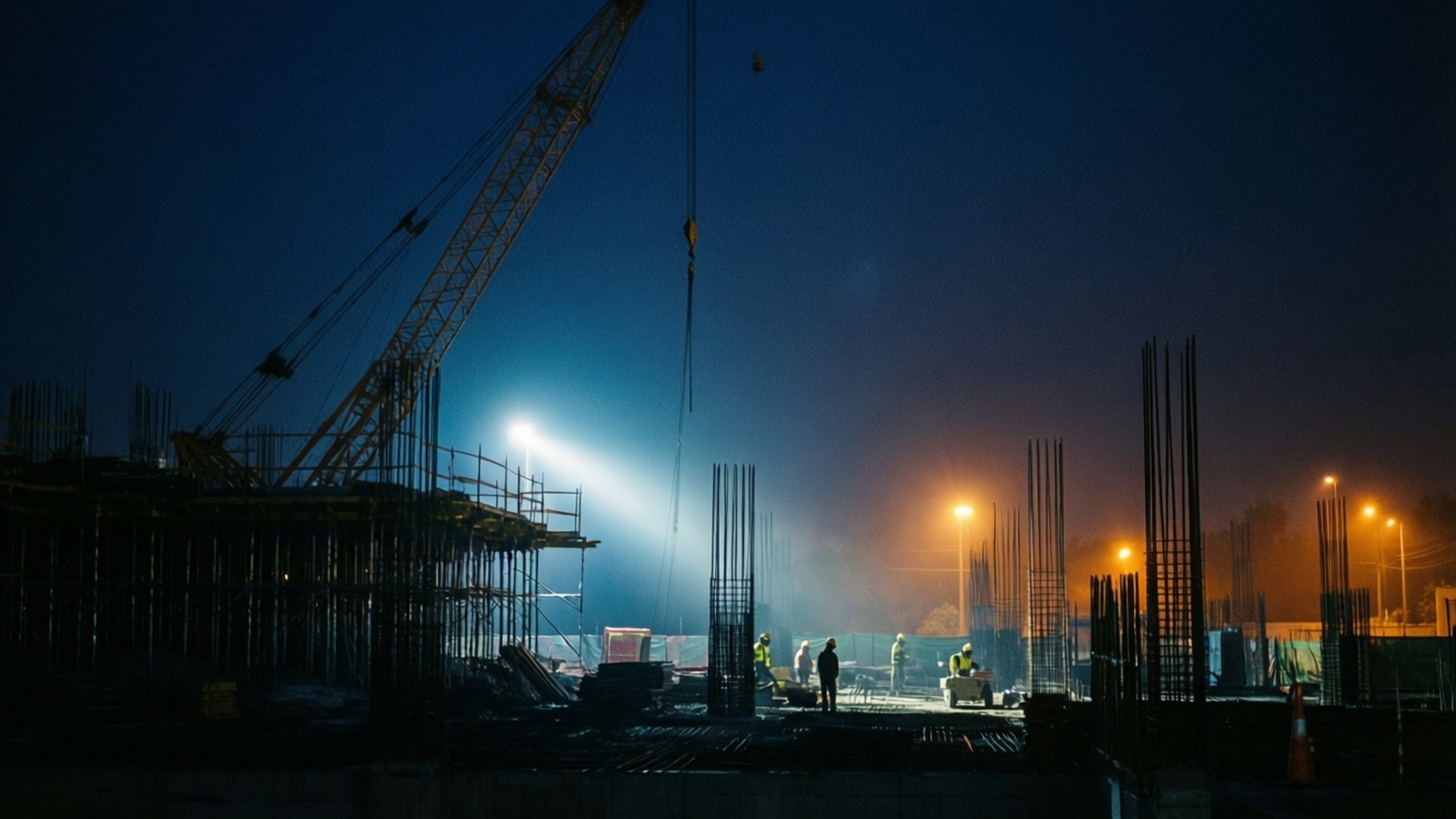 Night Construction Glow 壁紙 — 剪影的建築工人和起重機在繁忙的城市建築工地上，站在被刺眼的人造燈光照亮的深藍色夜空前。