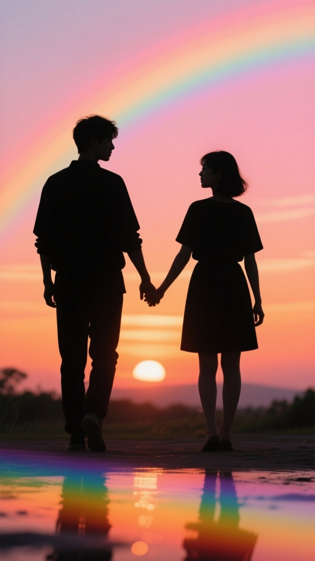 Couple Sunset Silhouette 壁紙 — 剪影情侶手牽手走向夕陽，彩虹在頭頂拱起，倒映在下面的水坑中。