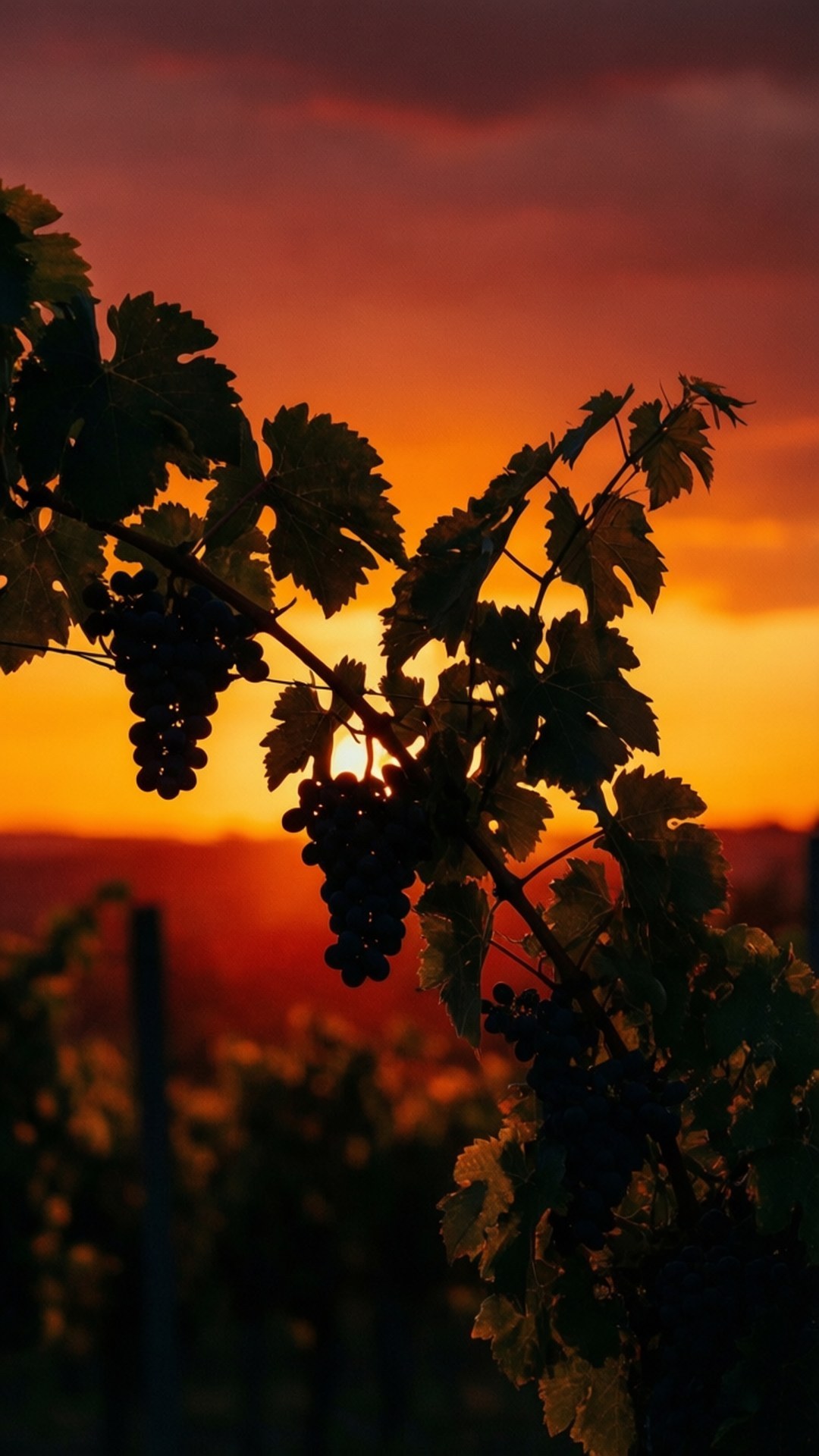 Grape Vine Sunset 壁紙 — 葡萄串和葉子的剪影在葡萄園中，映襯著火紅的橙色和紅色日落天空。