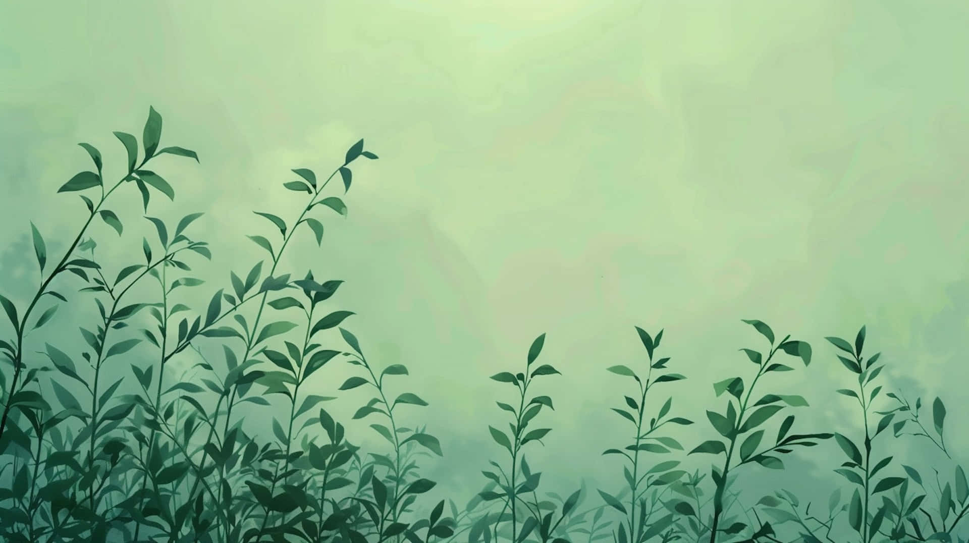  壁紙 — 剪影般的綠色植物從霧氣瀰漫的地面升起，映襯著柔和的漸變天空。