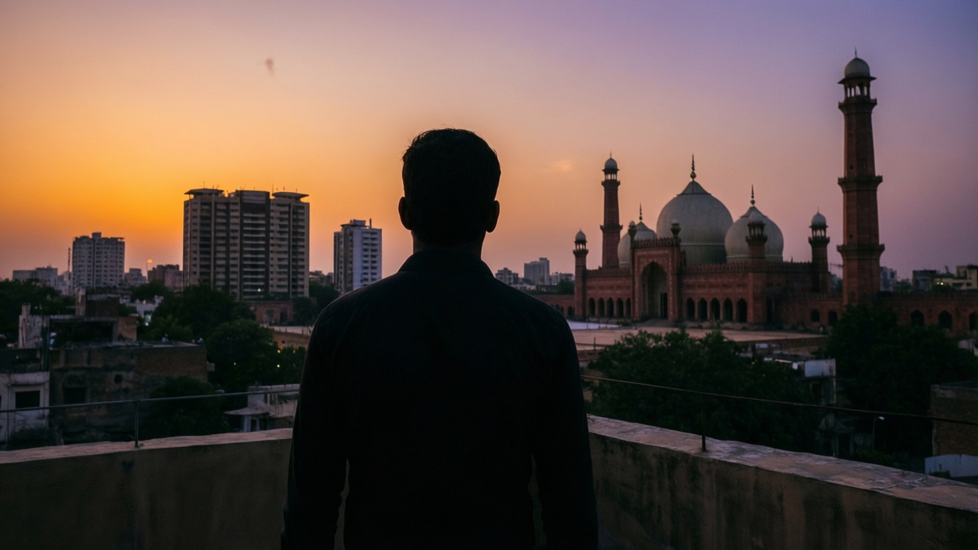 Rooftop Silhouette in Lahore 壁紙 — 一個剪影男子站在屋頂上，在日落時分凝視著一座歷史悠久的清真寺和現代建築，背景是溫暖的橙色和紫色天空。